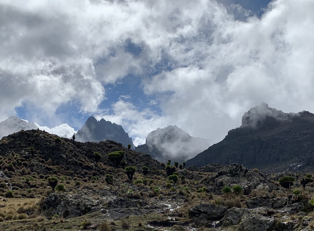 Alpine landscape near Mintos Camp on Mount Kenya trek.