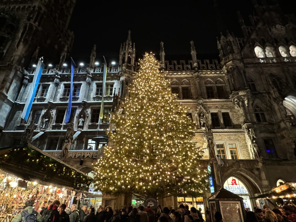 Christmas tree lit up at Marienplatz during Munich Christmas Market