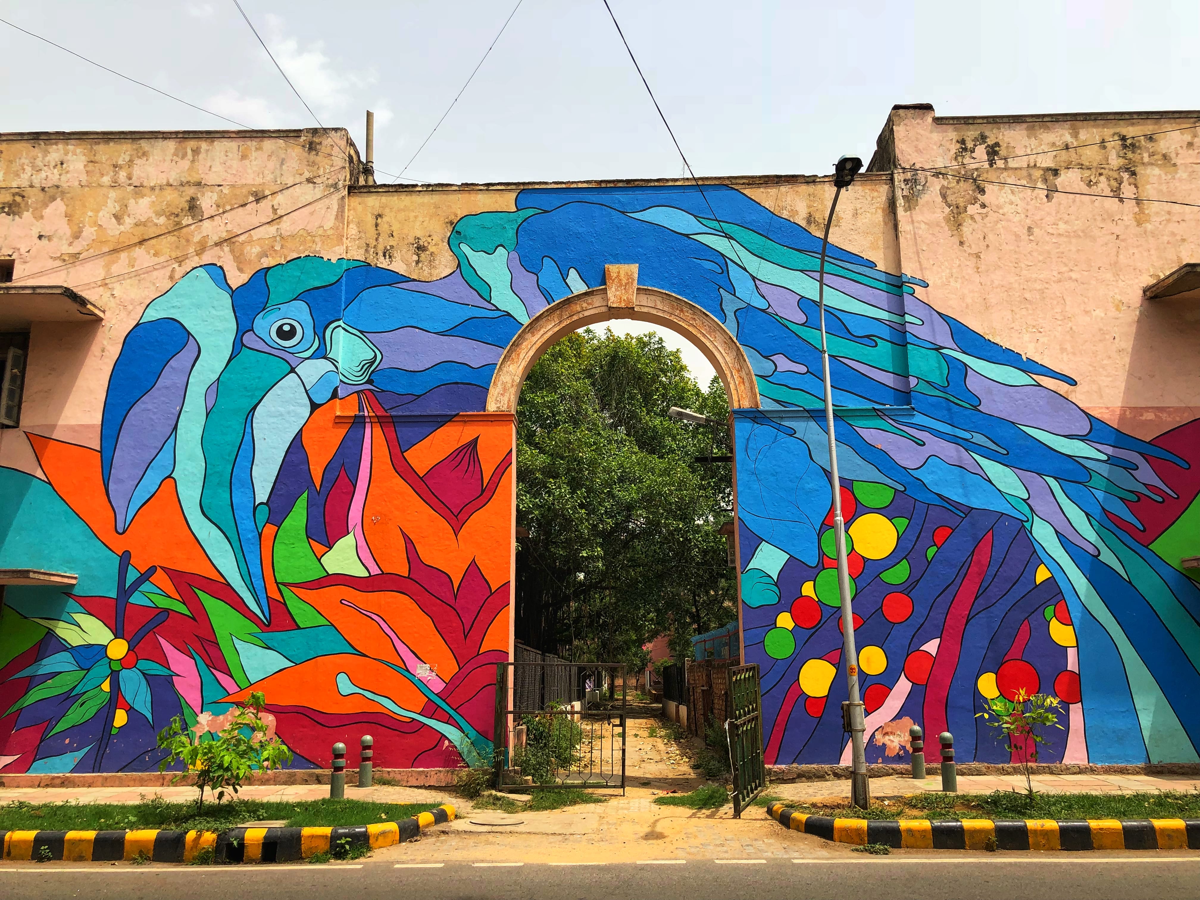 Giant parrot mural painted across an archway in Delhi’s Lodhi Art District.