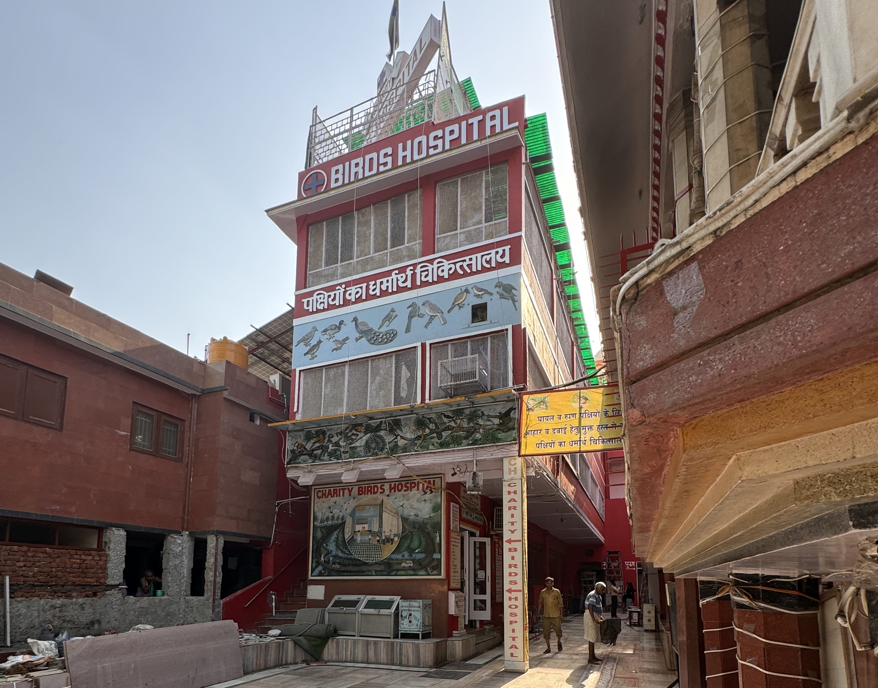 Exterior view of the Charity Birds Hospital in Old Delhi, painted red with signs in Hindi and English.
