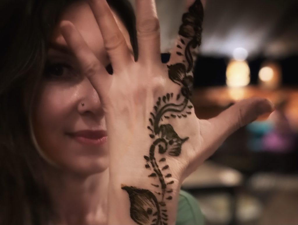 Close-up of henna tattoo design on a woman’s hand in Marrakech – 2 days in Marrakech.