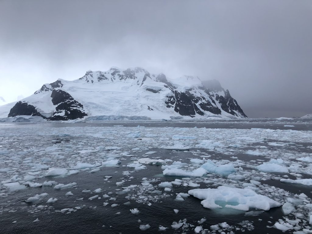 Snow-covered Booth Island seen during an Antarctica cruise, with dark rocky peaks, misty skies, and floating sea ice scattered across the dark water.