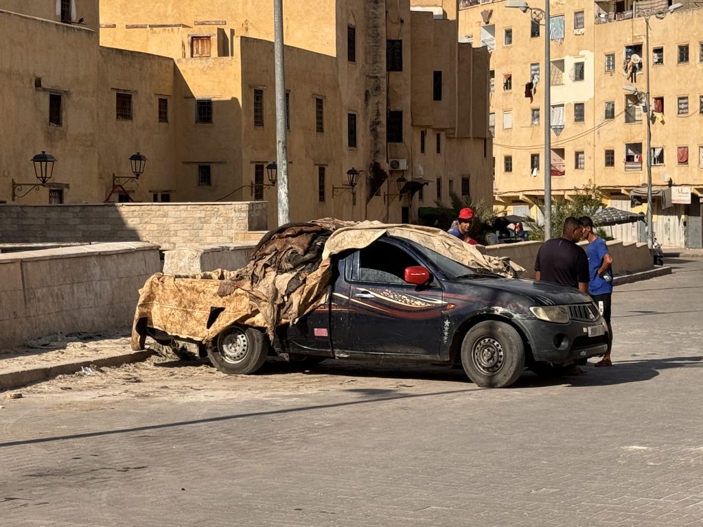 Pickup truck loaded with raw hides near the tannery district in Fes, Morocco, seen during 2 Days in Fes.