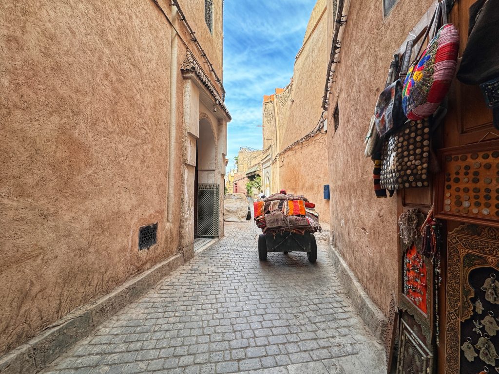 Donkey cart carrying goods down a narrow alley in the Marrakech medina – 2 Days in Marrakech travel blog.