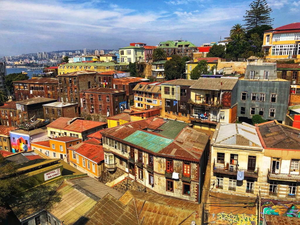 Rooftop view over Valparaíso, Chile, with colorful houses stacked along the hills, captured during 4 days in Santiago.