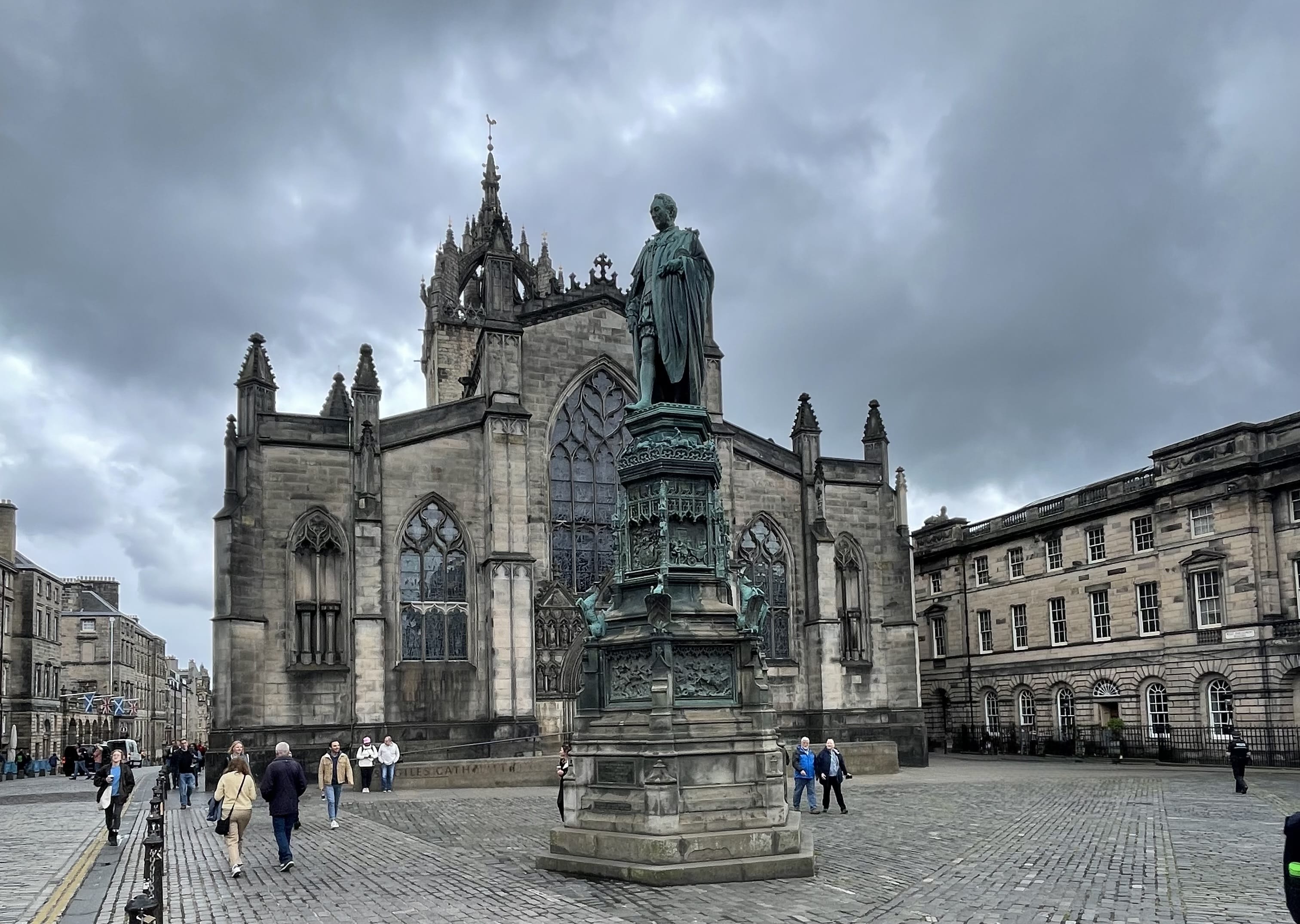 St. Giles’ Cathedral on the Royal Mile in Edinburgh, with the statue of the 19th-century reformer John Knox in front, seen during 4 days in Edinburgh.