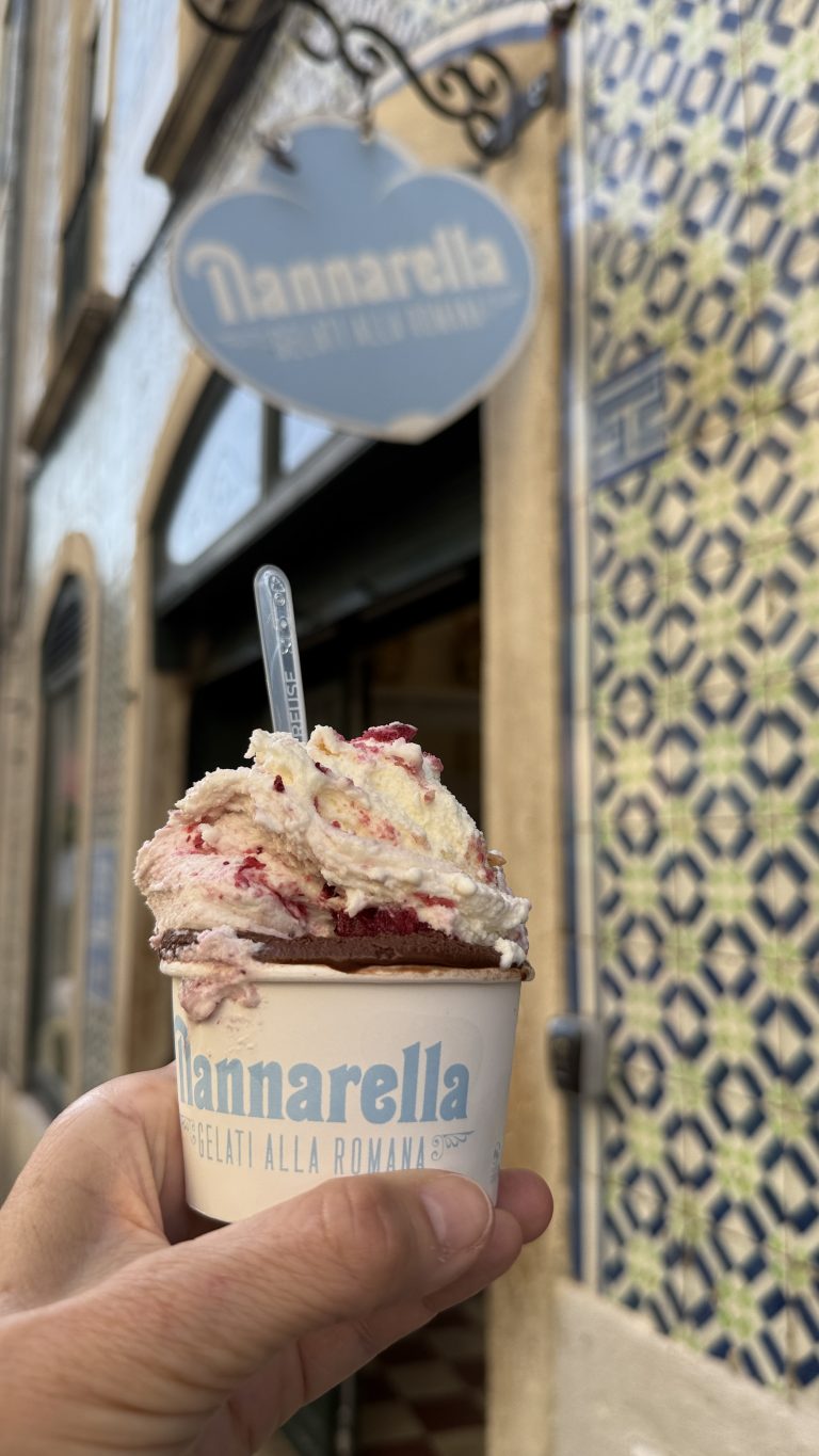 Cup of gelato from Nannarella, a popular gelateria in Lisbon, held up in front of its tiled storefront during 5 Days in Lisbon.