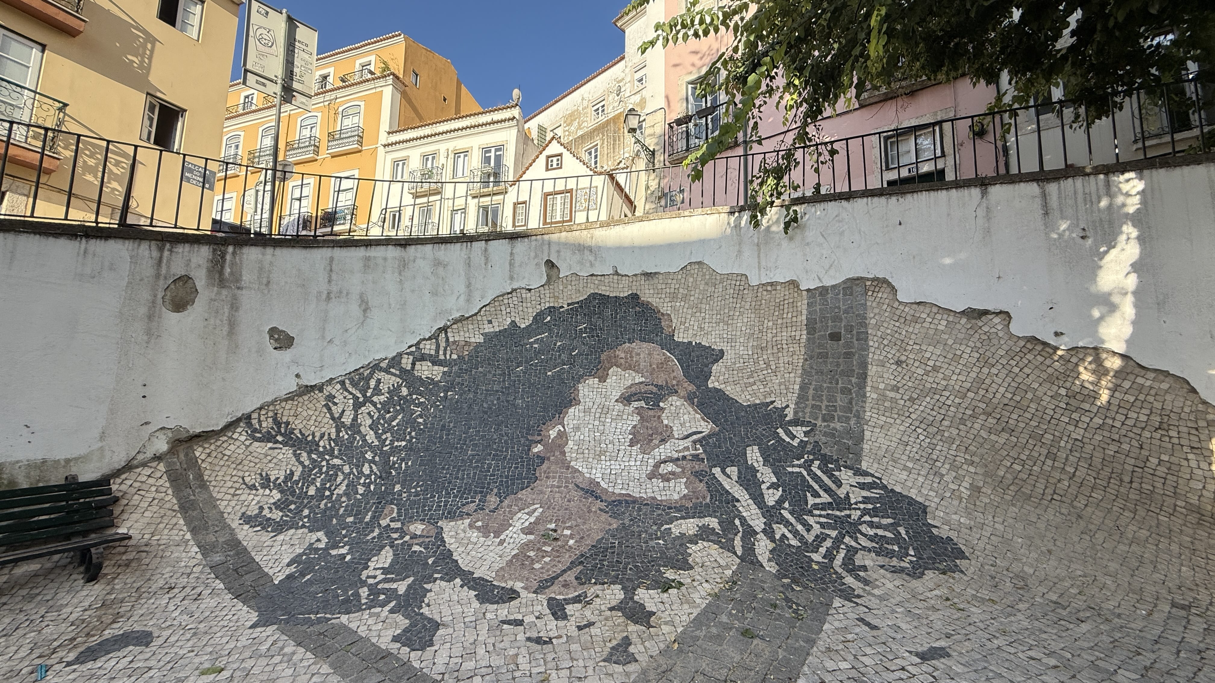 Pavement mosaic portrait of Amália Rodrigues, the famous Portuguese fado singer, in Lisbon’s Alfama district