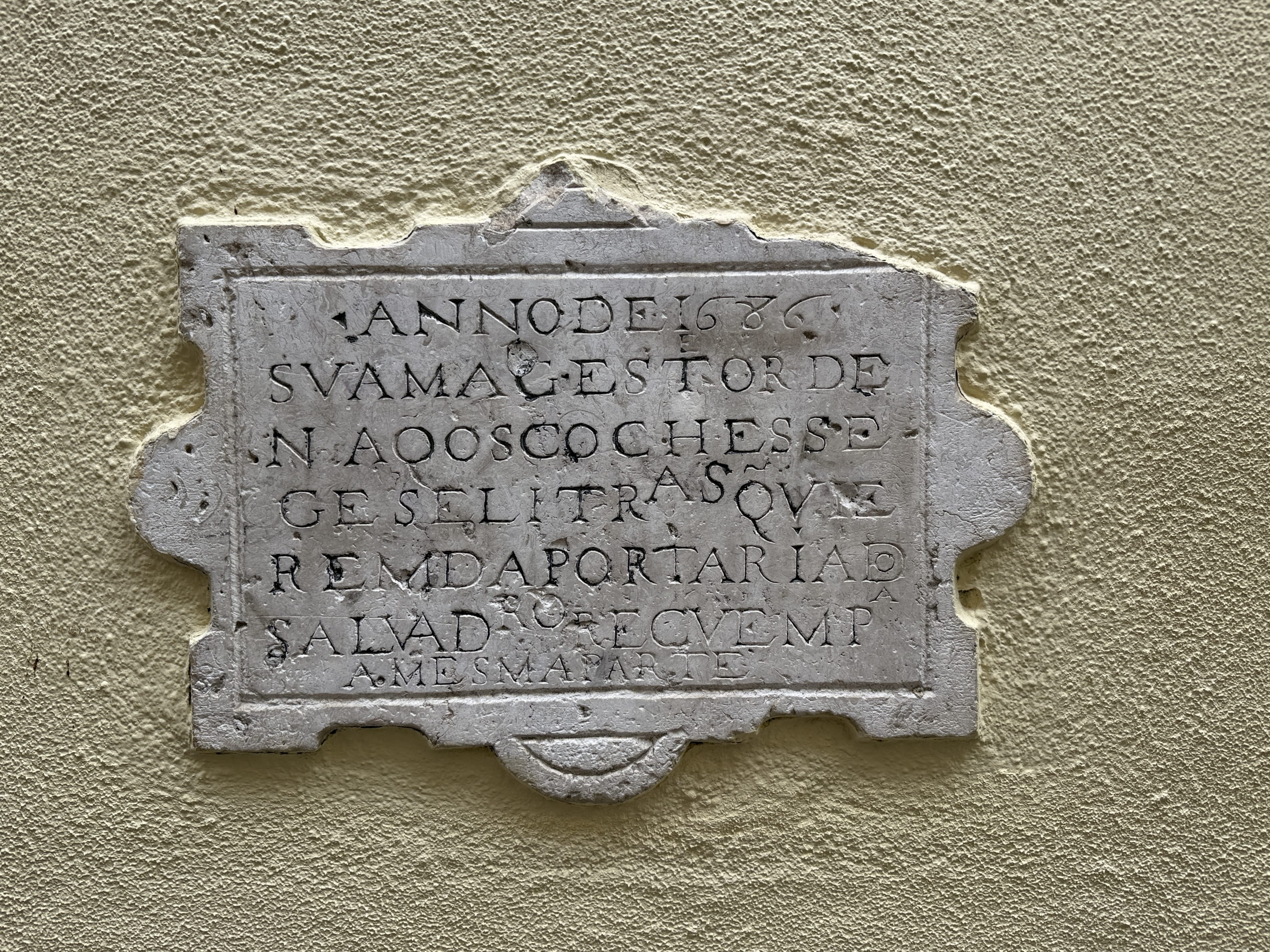 Oldest surviving street sign in Lisbon, Portugal, carved in stone with Latin inscription dated 1686 — 5 Days in Lisbon