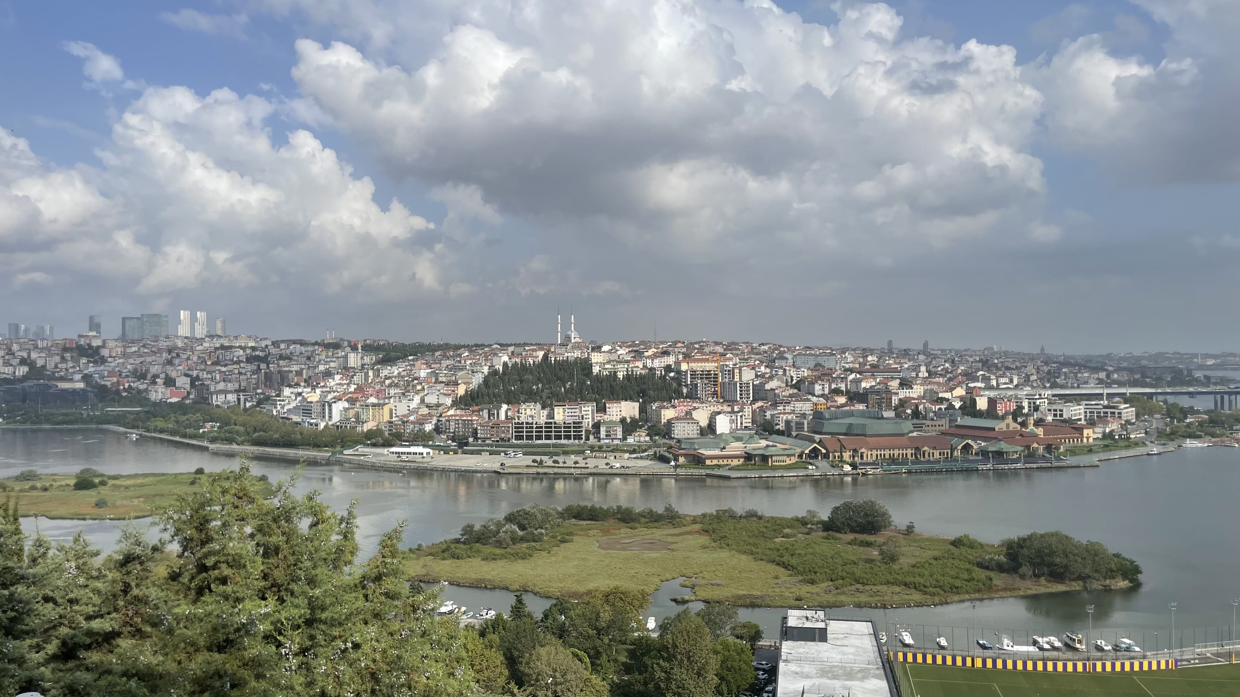 Panoramic view of Istanbul from above, with the Golden Horn inlet, mosques, modern buildings, and a mix of green spaces under a partly cloudy sky.