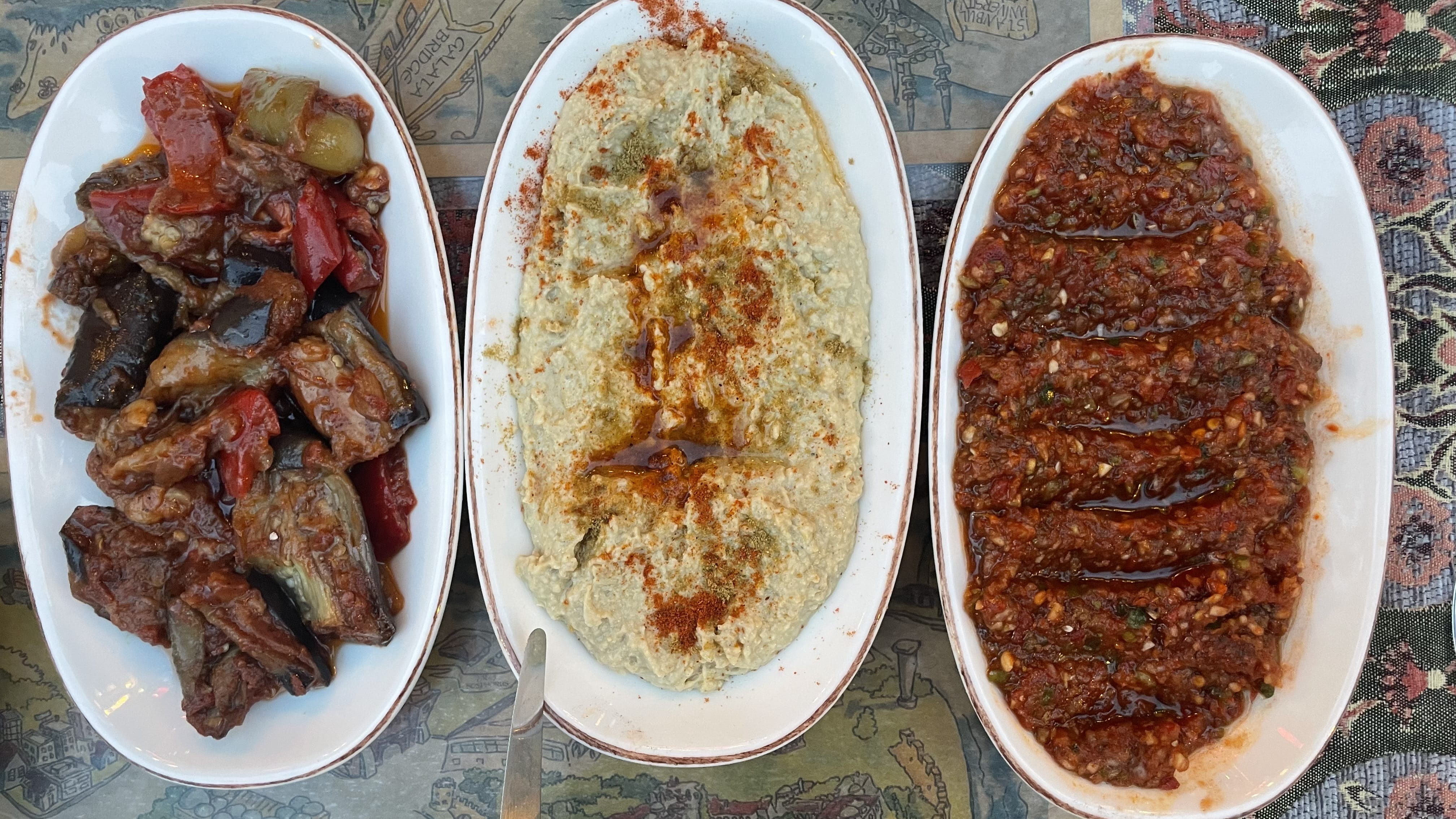 Traditional Turkish meze dishes served on white plates: roasted eggplant with peppers, smoky baba ganoush topped with paprika and olive oil, and spicy ezme made with tomatoes, peppers, and herbs—vegetarian food in Istanbul