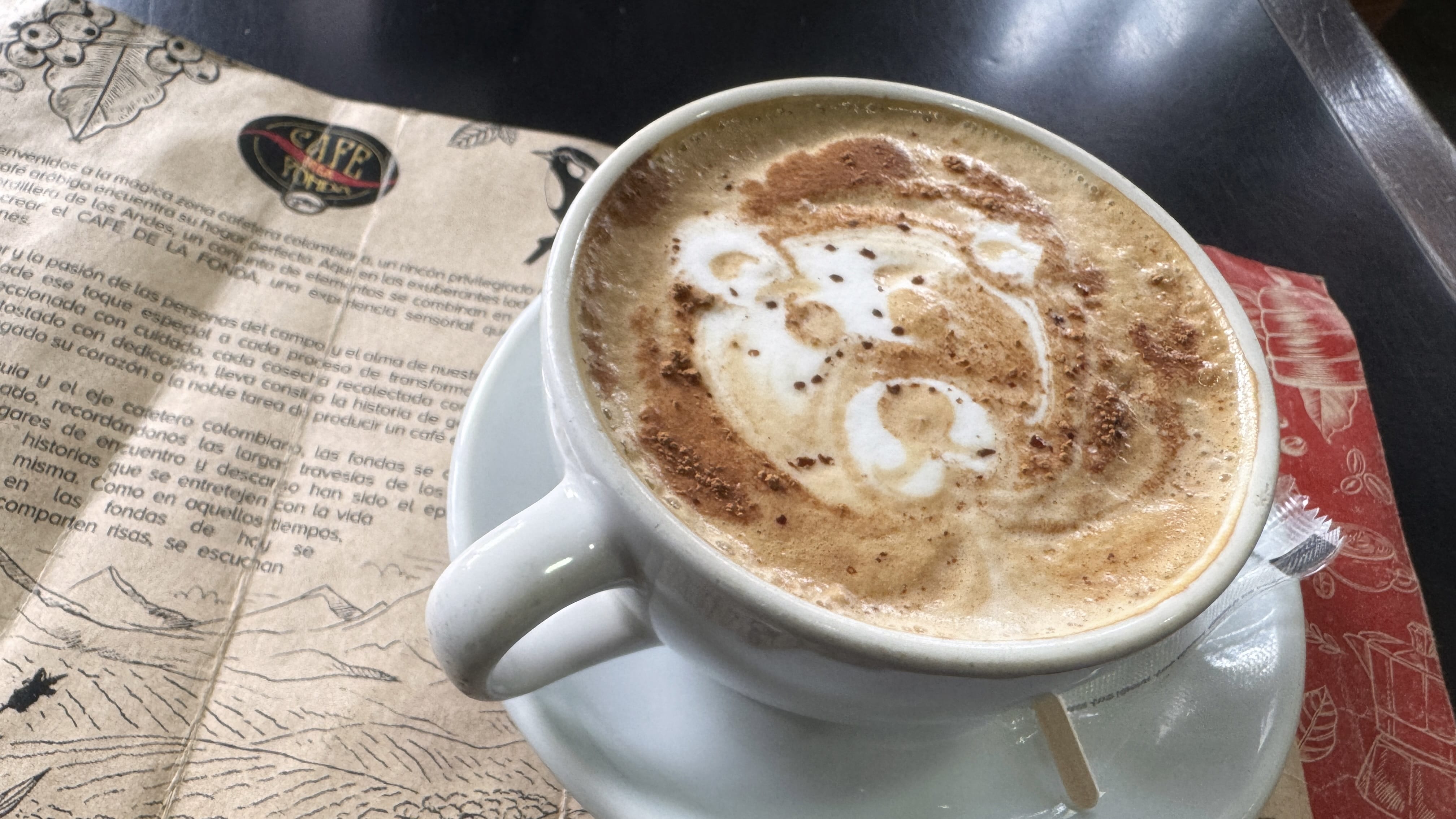Cappuccino with foam art at Café de la Fonda, 2 days in Bogotá.