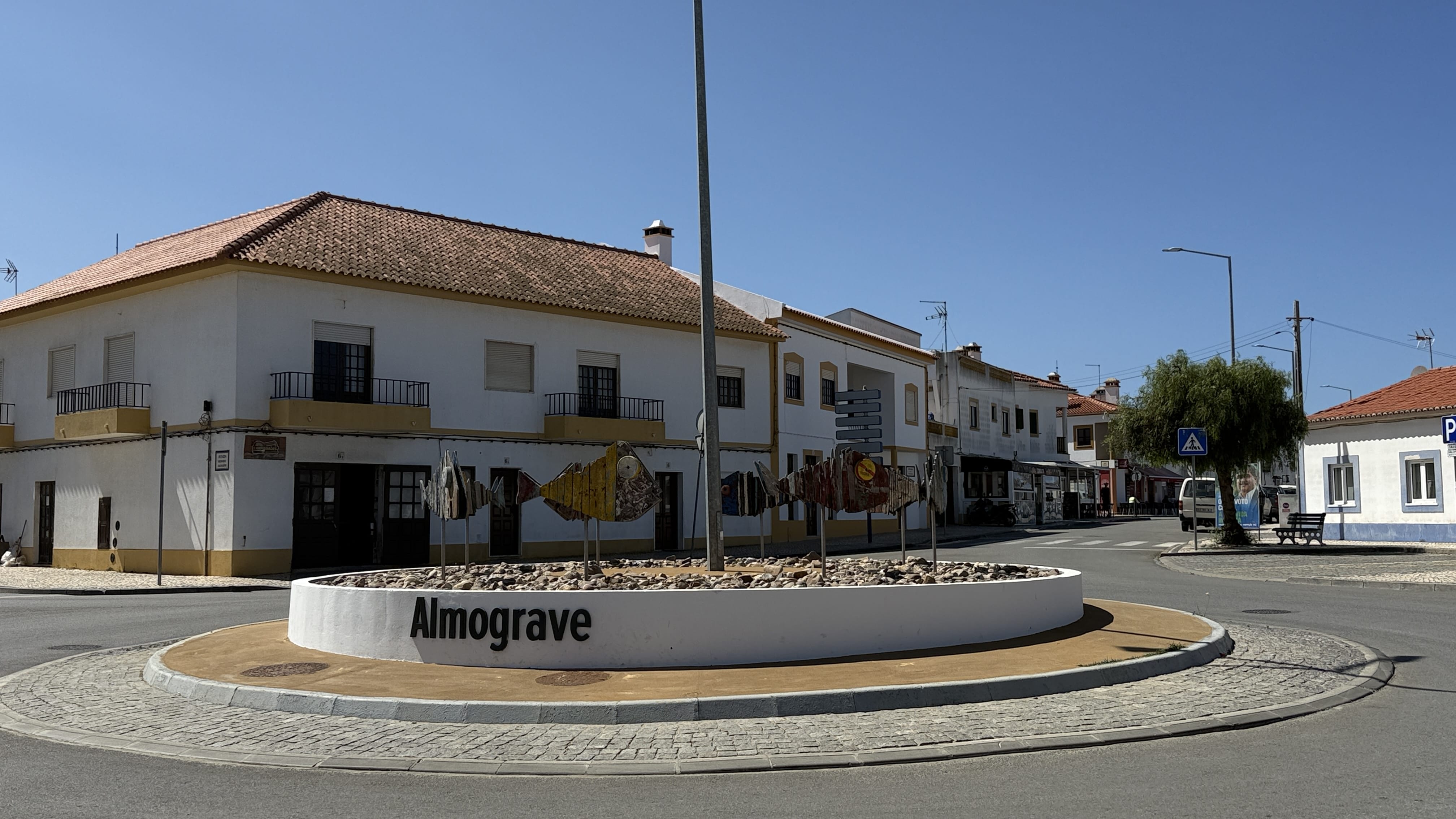 Metal fish sculpture in a roundabout in Almograve, Portugal.