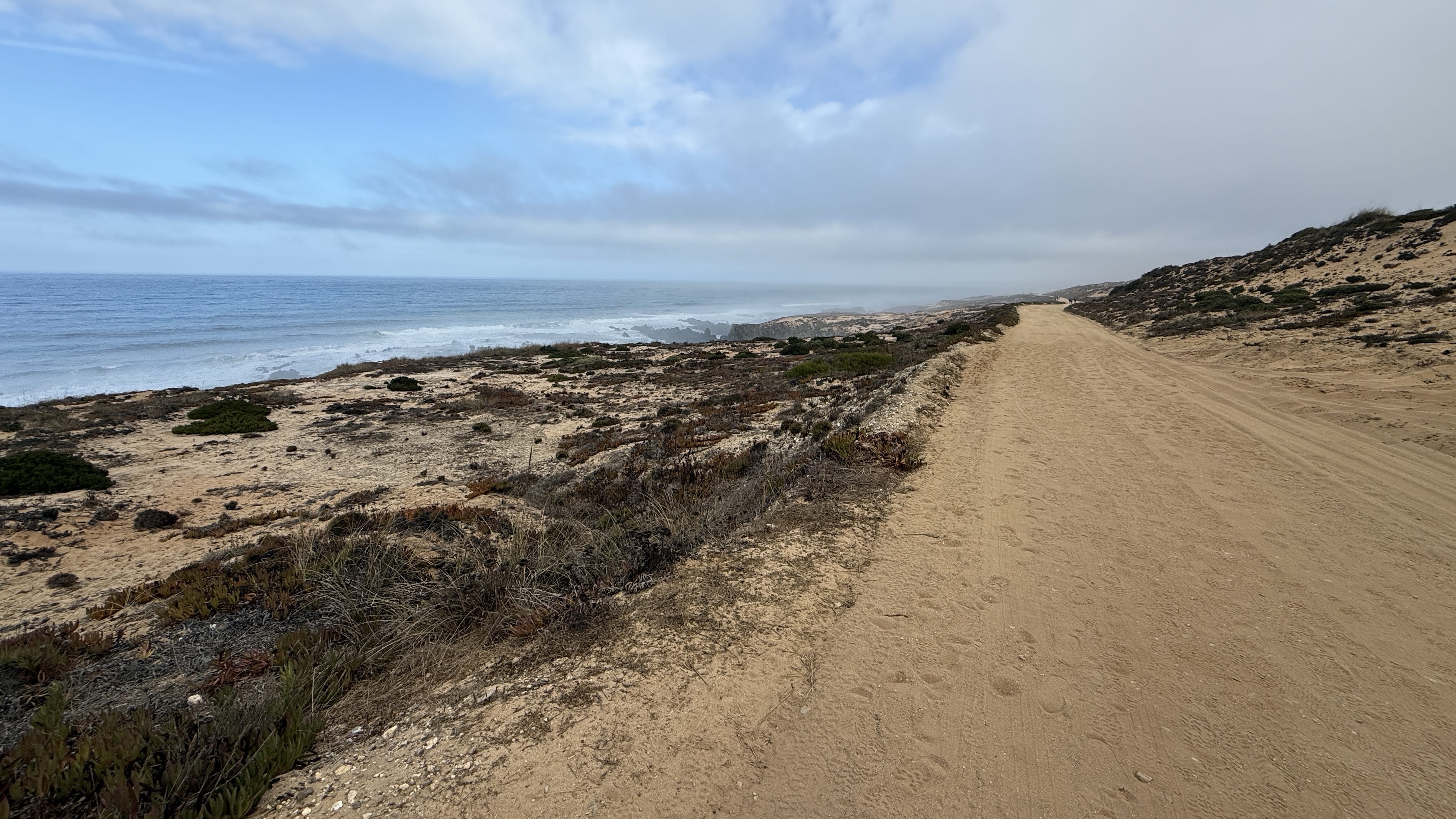 Wide sandy coastal track with the Atlantic on the left near Almograve on Portugal’s Fishermen’s Trail.