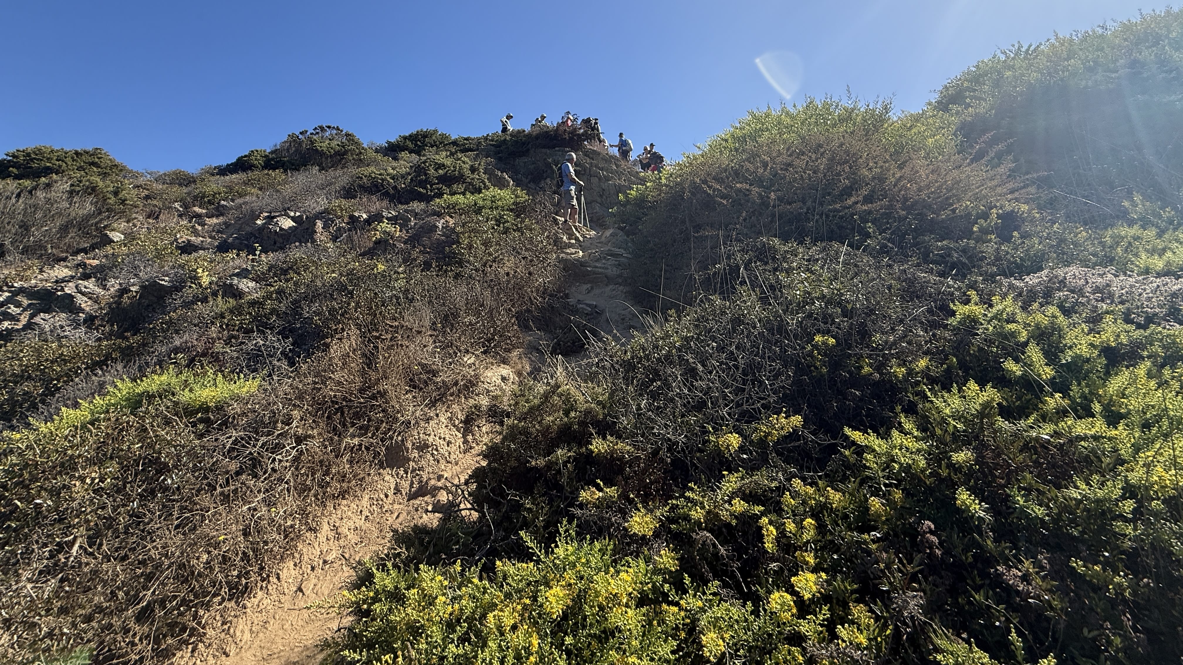 Hikers making their way down a steep, rocky descent through coastal vegetation on Day 5 of the Fishermen’s Trail, Portugal.