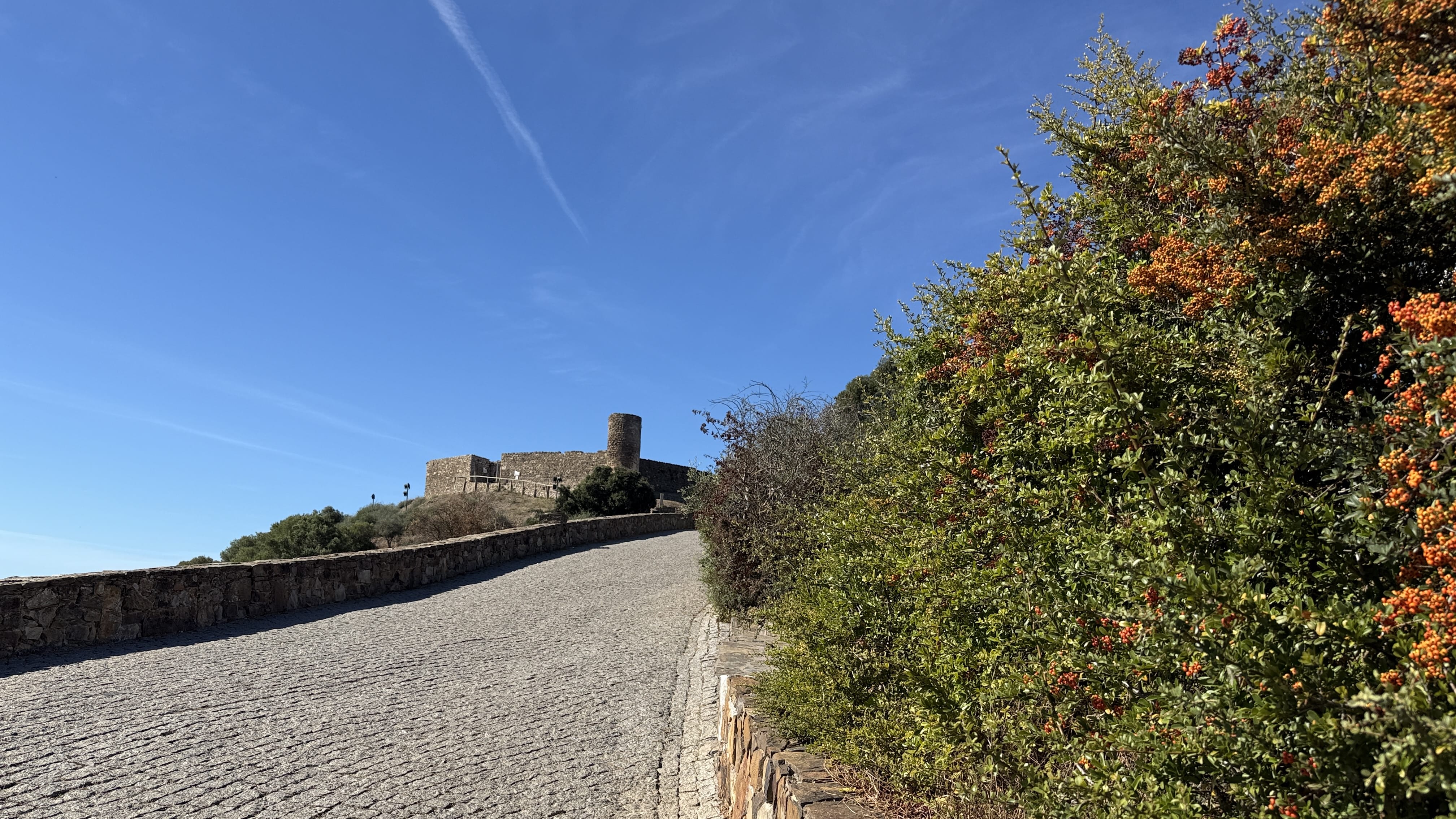 Steep stone path leading up to Aljezur Castle with greenery along the wall.