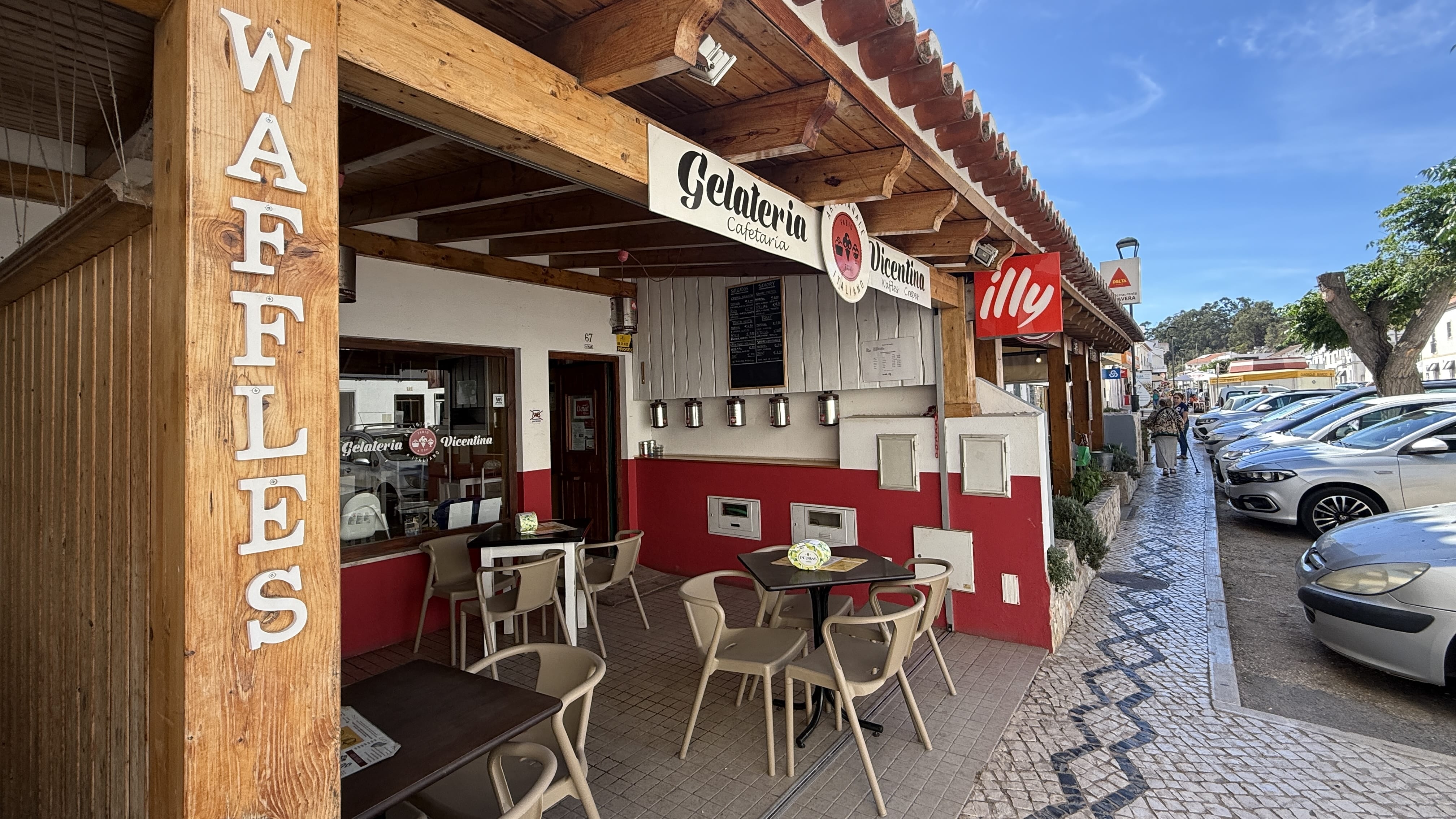 Exterior of Gelateria Vicentina café in Aljezur, Portugal.