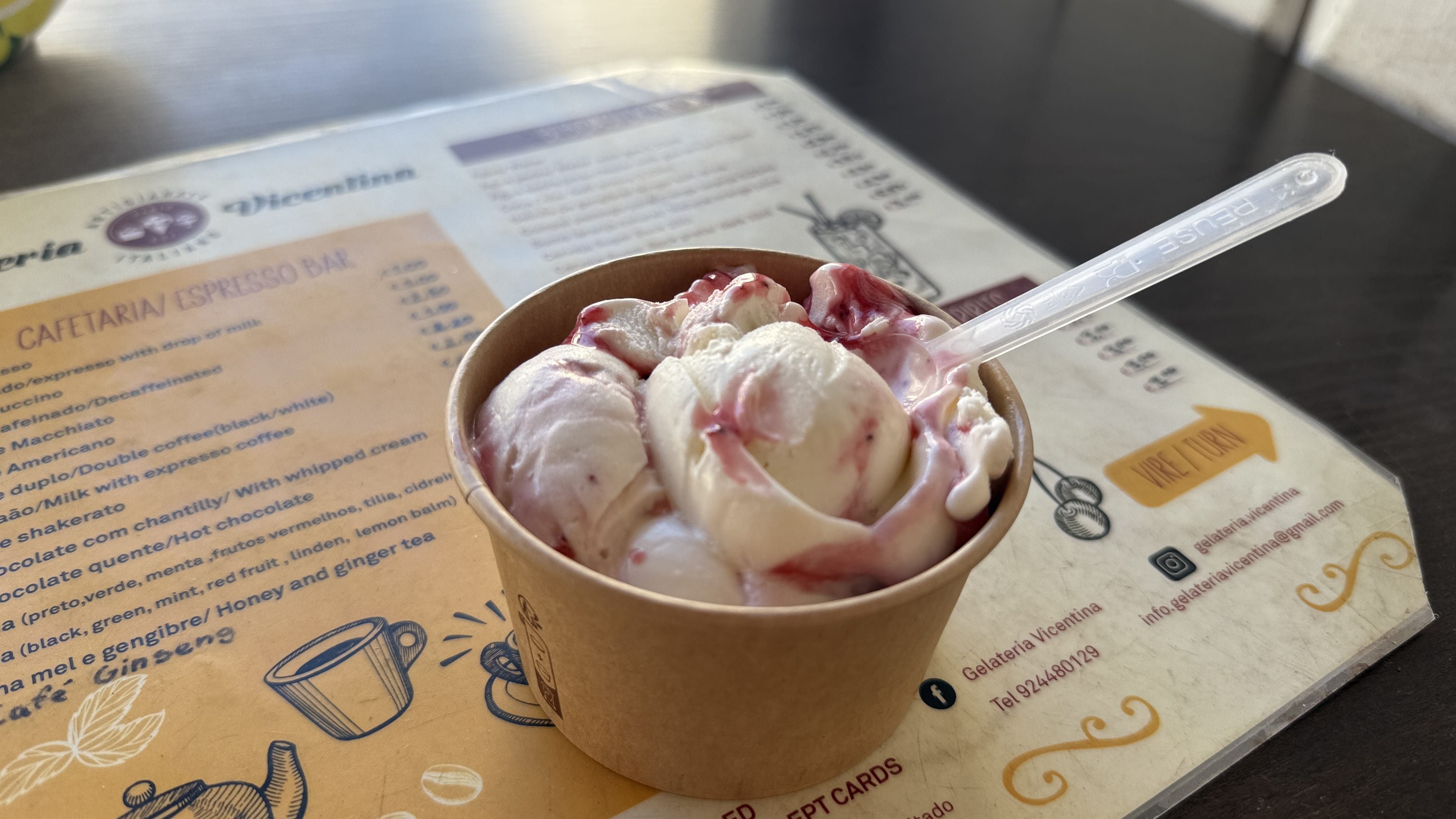 Cup of gelato with red berry swirl at Gelateria Vicentina in Aljezur.