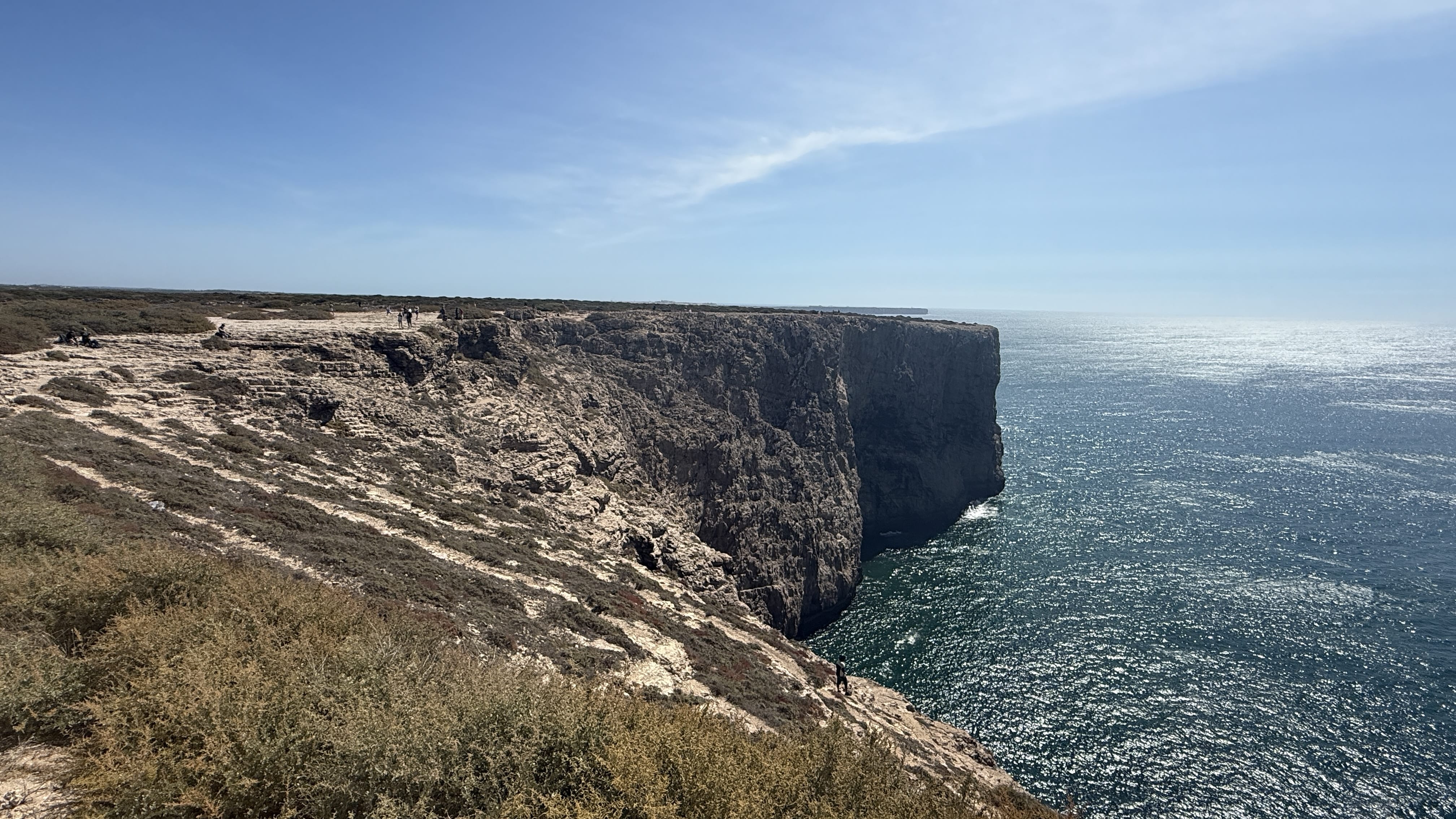 Sheer cliffs dropping into the Atlantic Ocean at Cabo de São Vicente in southern Portugal.