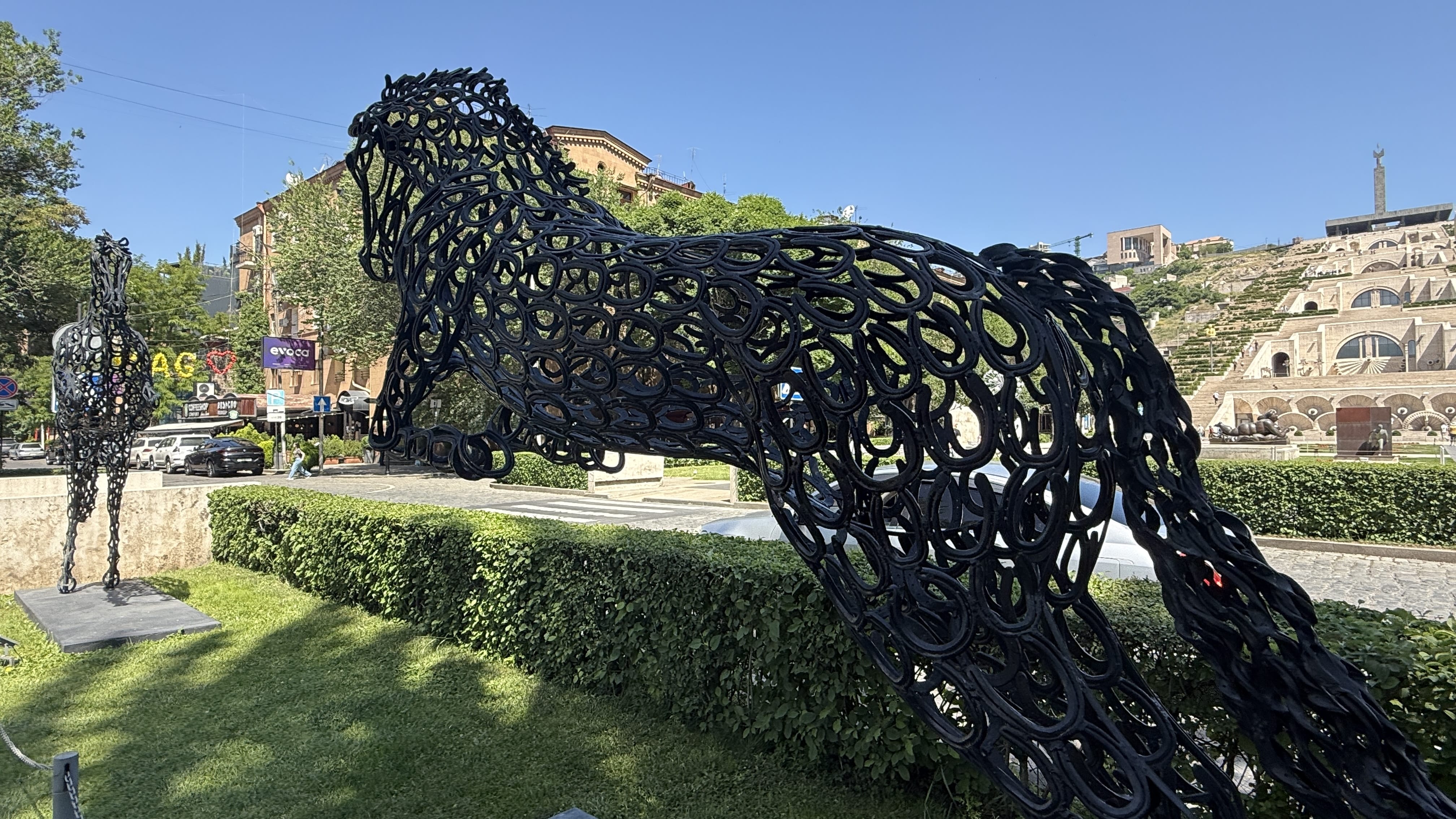 Horse sculptures made from horseshoes at Cafesjian Sculpture Garden, Cascade Yerevan – 7 Days in Armenia blog
