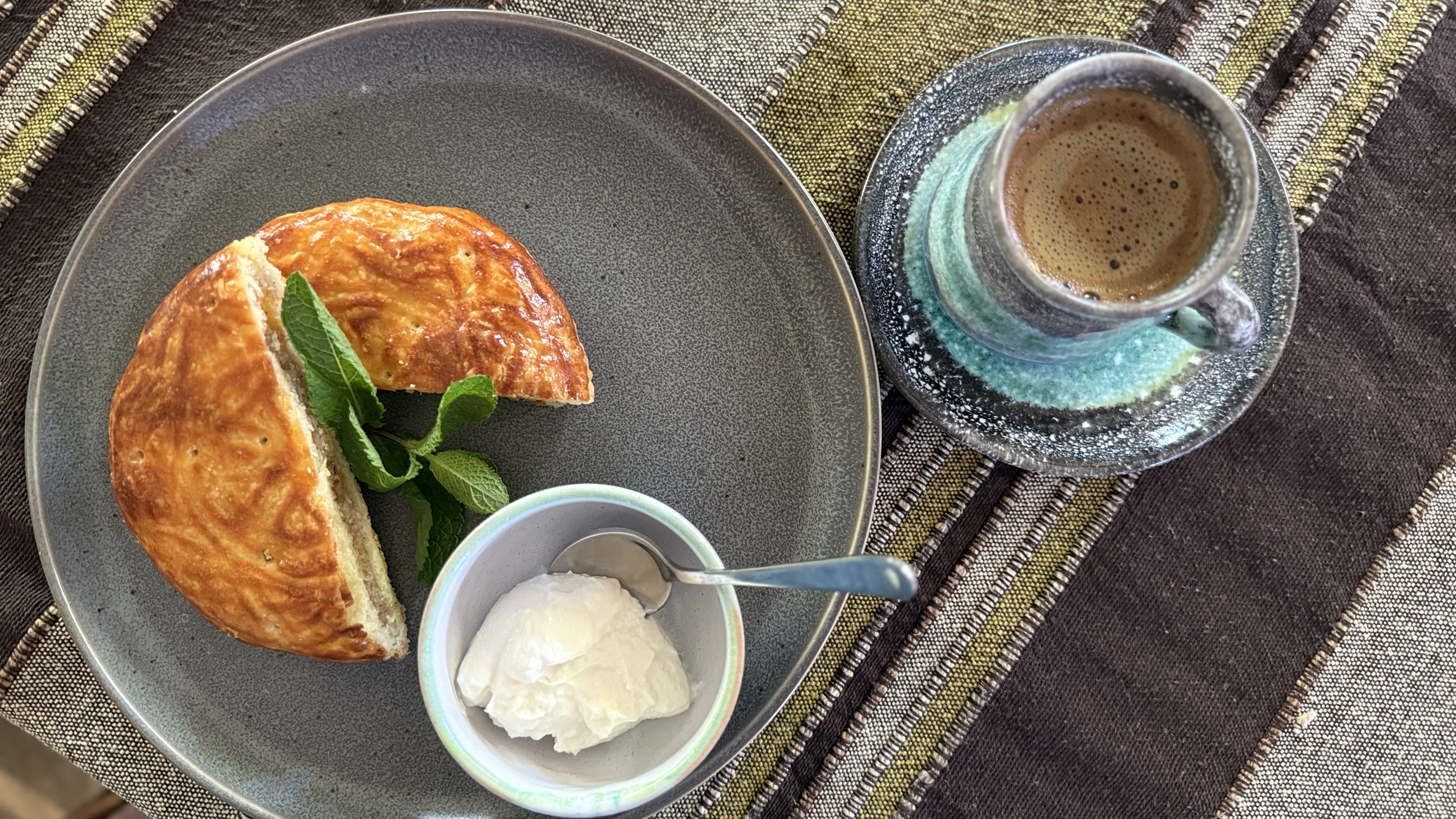 Armenian gata pastry with fresh mint, served with sour cream and Armenian coffee at Lusik Aguletsi House Museum – 7 Days in Armenia.