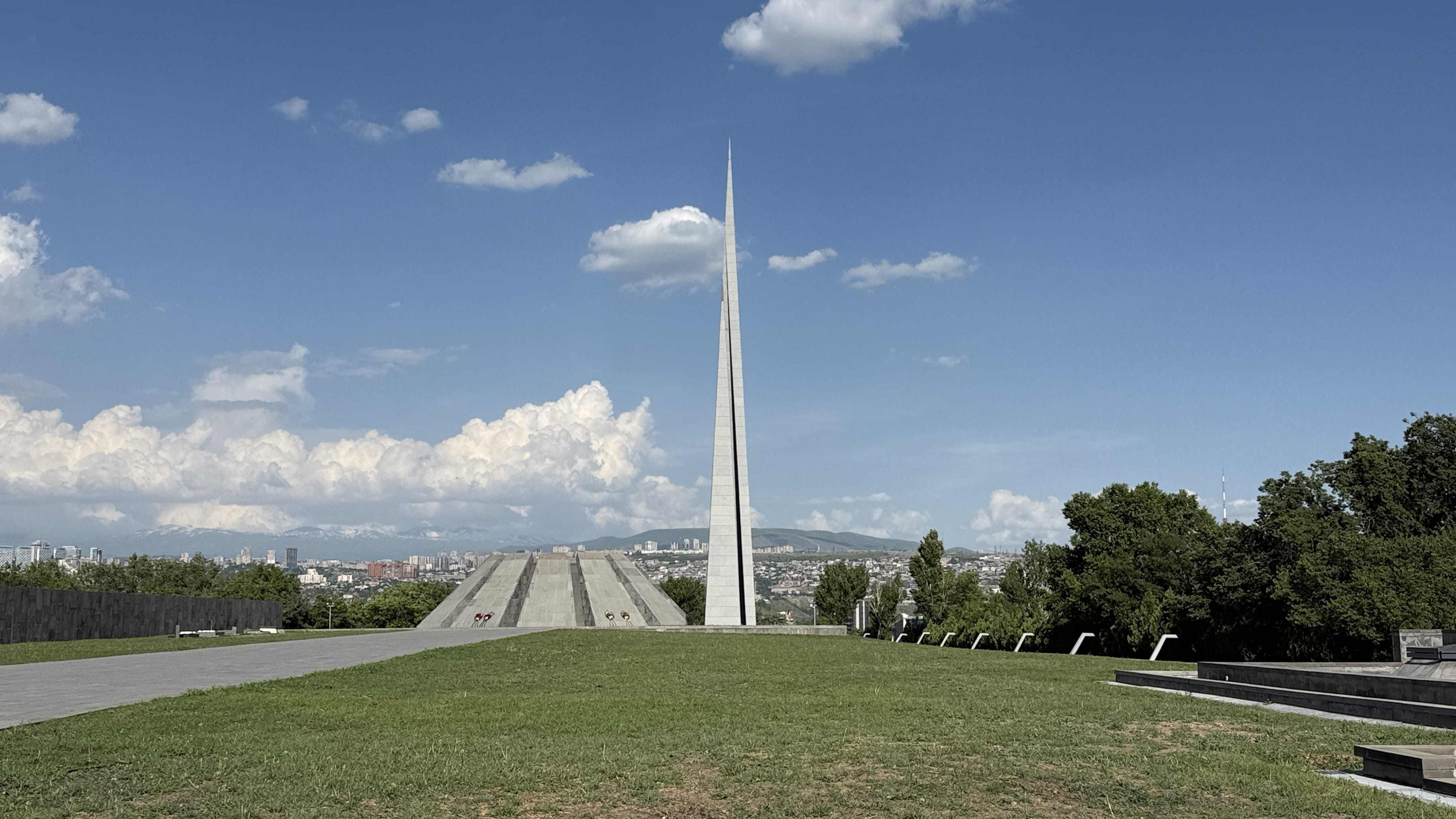 The tall spire and memorial complex at the Armenian Genocide Memorial in Yerevan, Armenia.