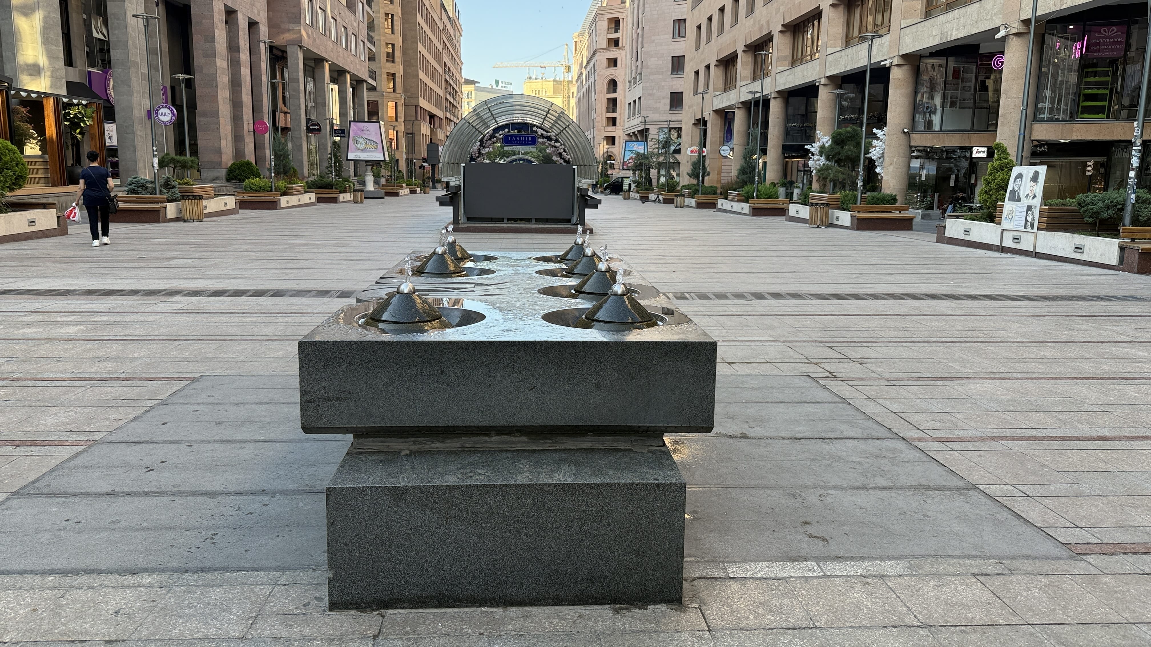 Modern rectangular fountain installation on Northern Avenue in Yerevan, Armenia.