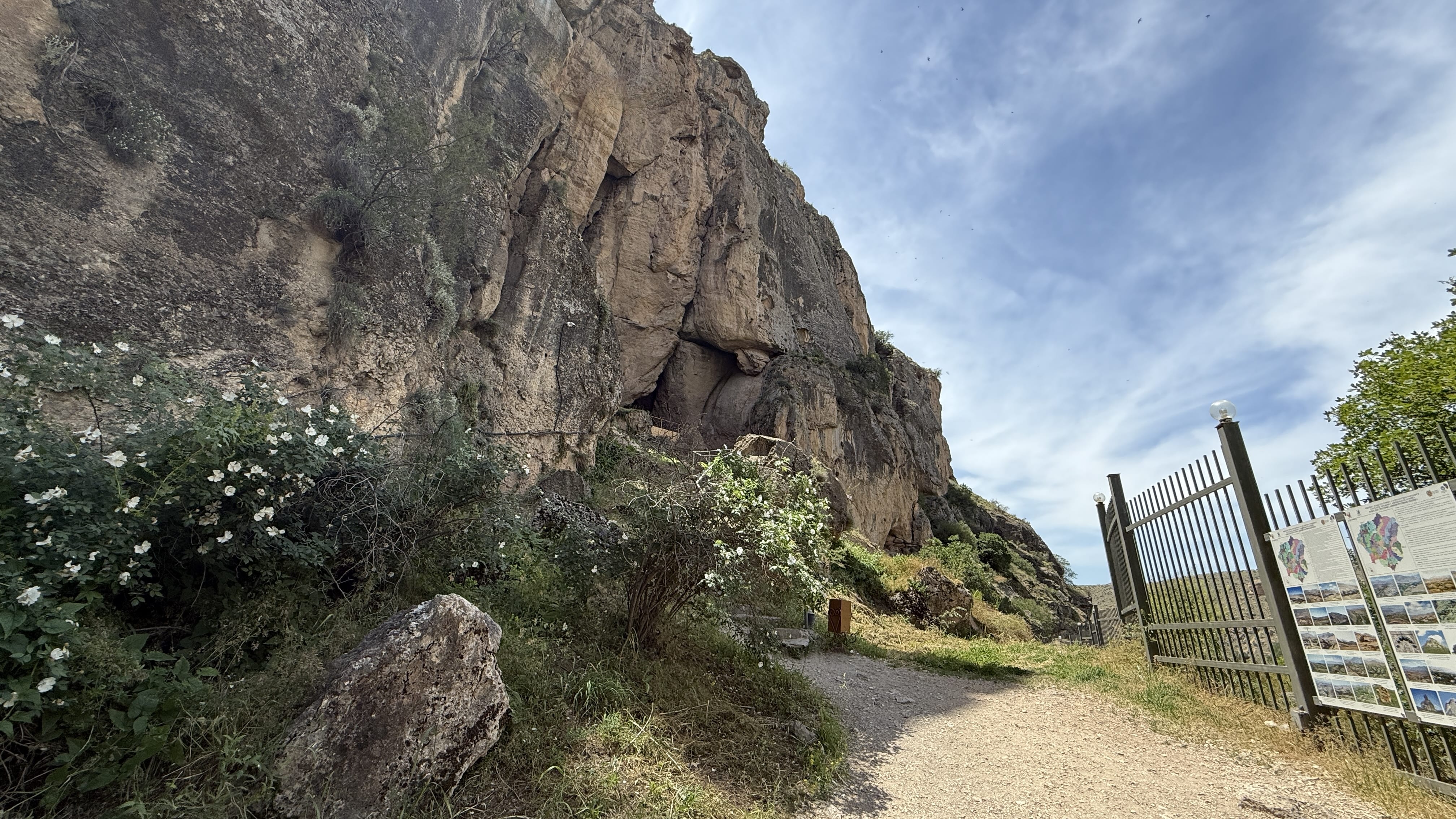 Entrance to Areni-1 Cave in Armenia, set into a rocky cliff with greenery and wildflowers along the path.