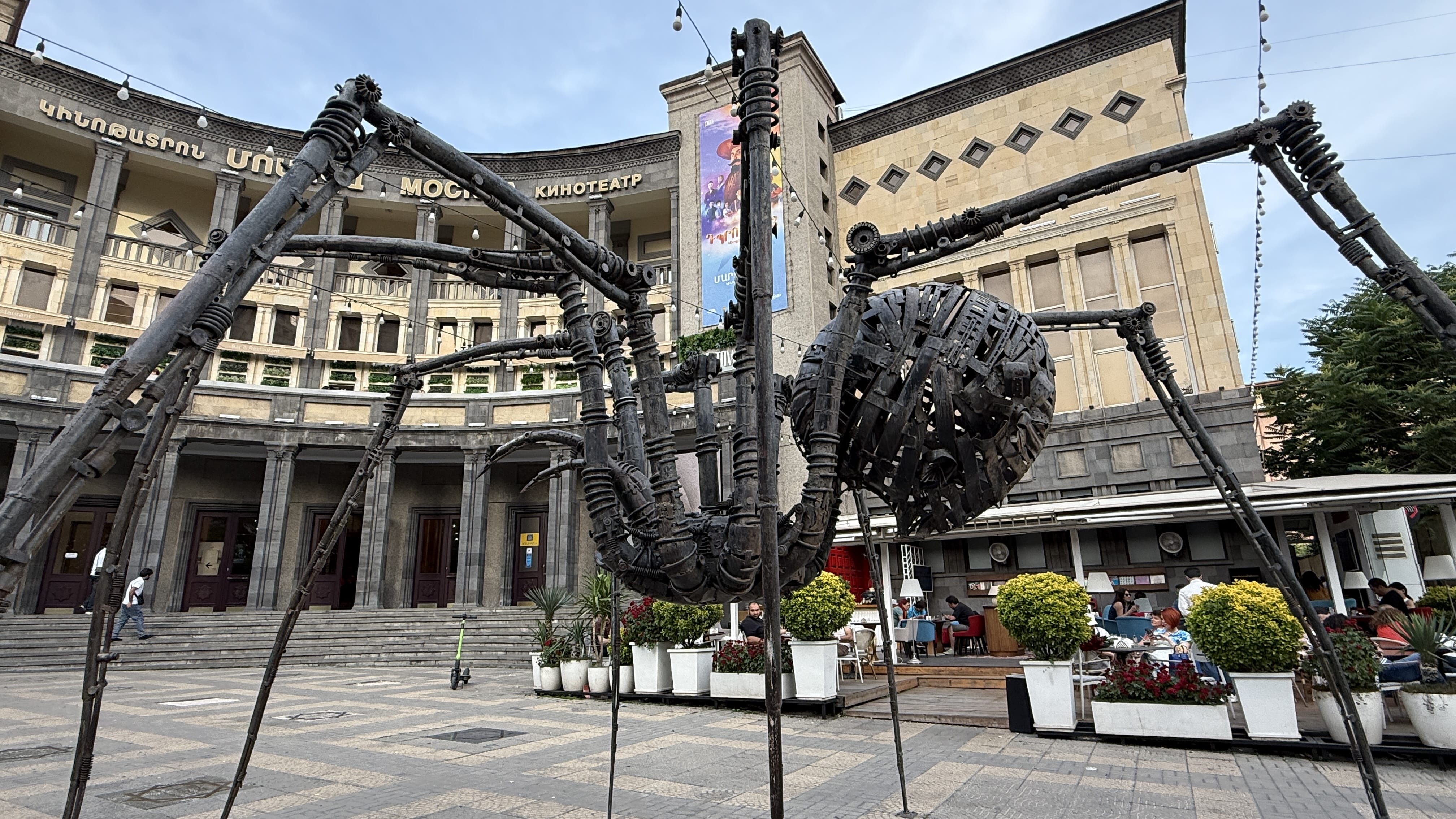 Large black spider sculpture outside Moscow Cinema in Yerevan, Armenia.