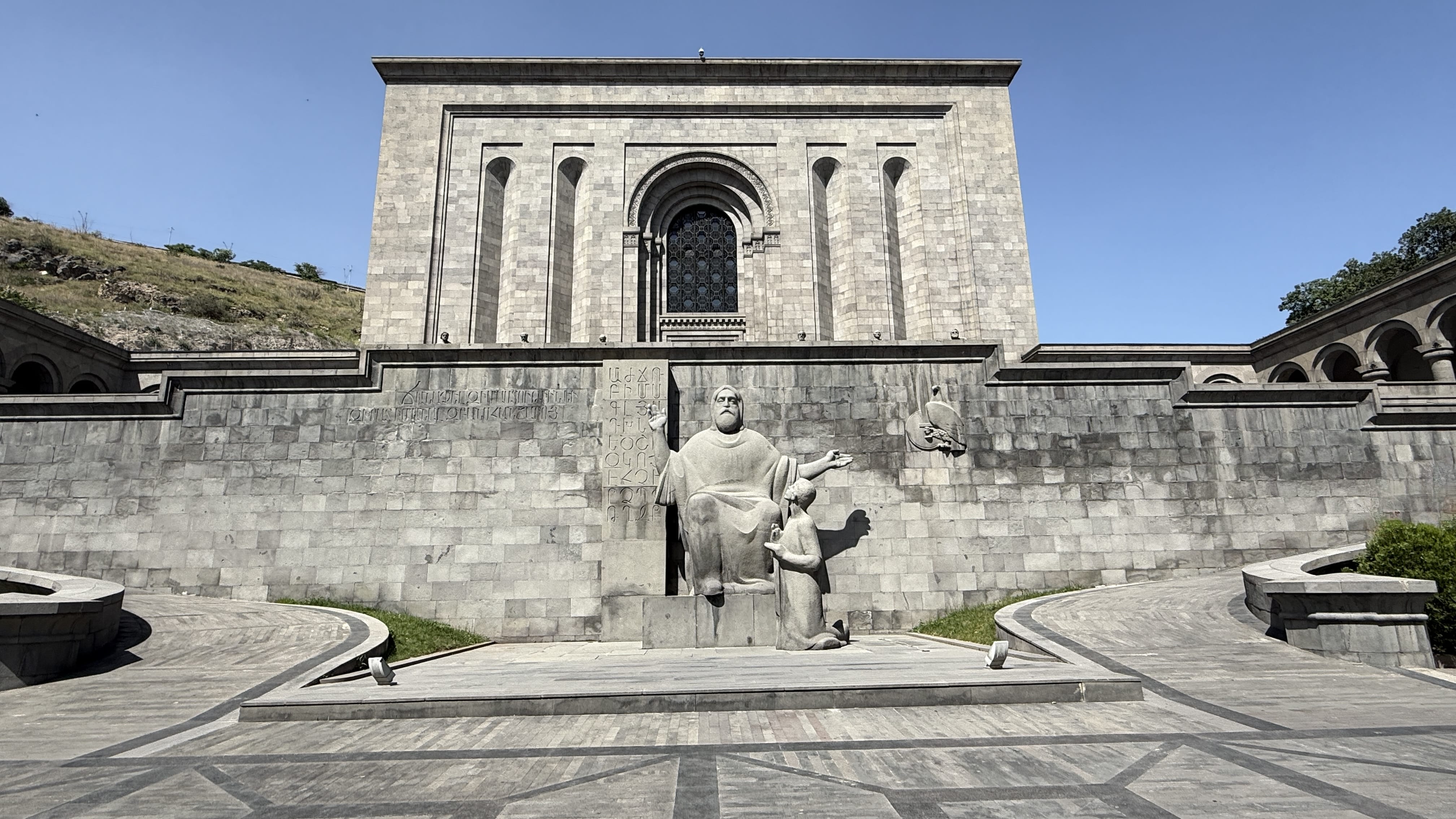 Monumental statue of Mesrop Mashtots, creator of the Armenian alphabet, outside the Matenadaran manuscript museum in Yerevan.