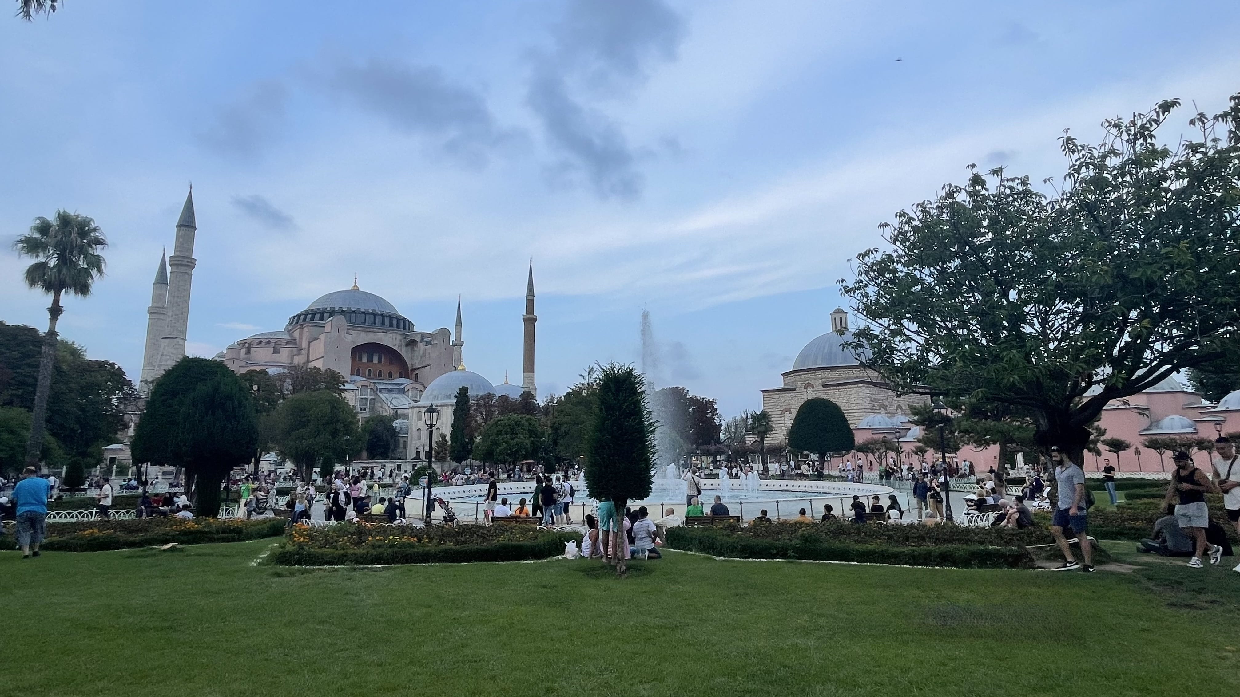 Hagia Sophia and its minarets seen from Sultanahmet Square with fountain and gardens – 5 Days in Istanbul