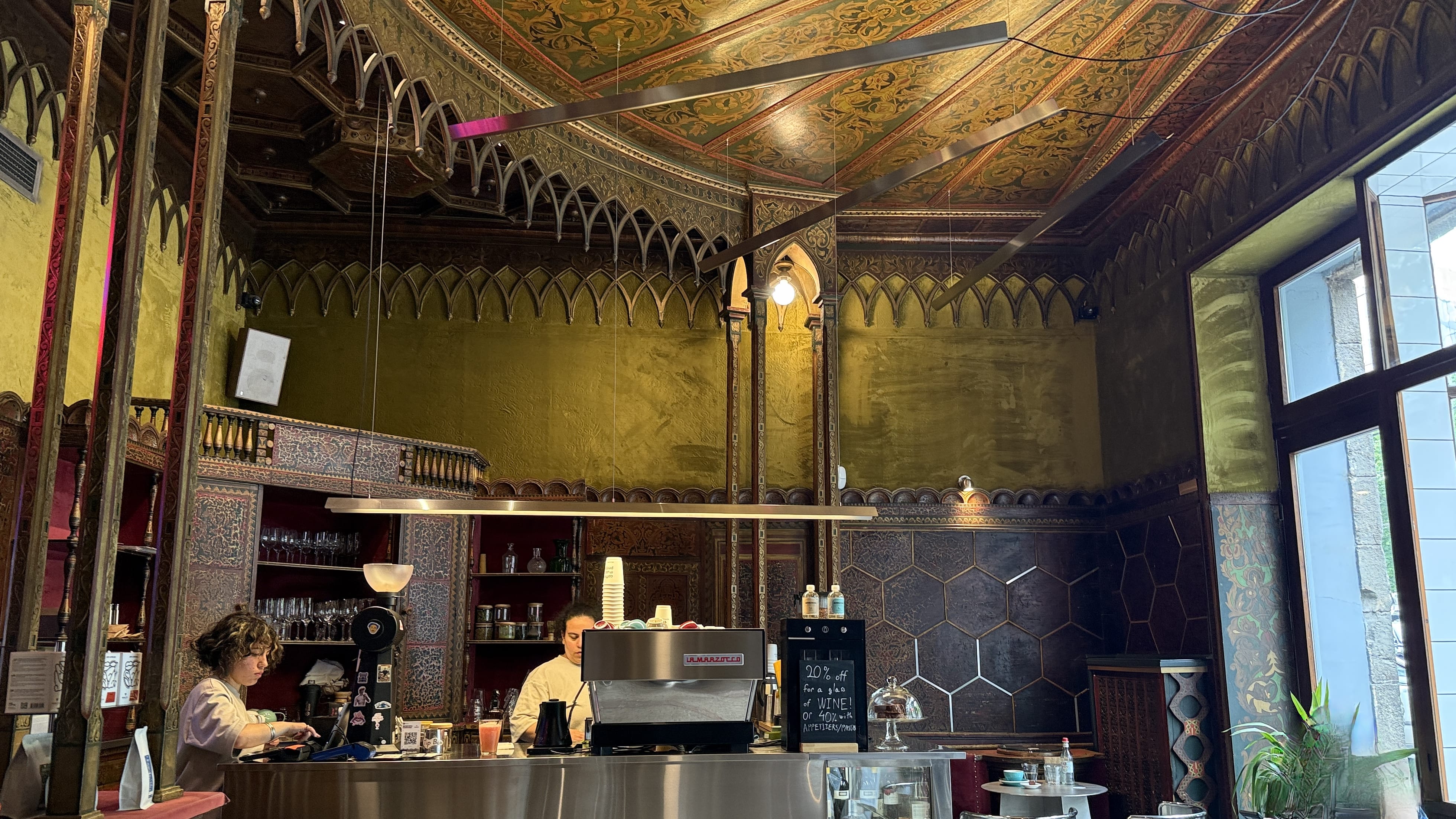 Interior of Lumen Coffee in Yerevan with ornate painted ceiling, 24 hours in Yerevan