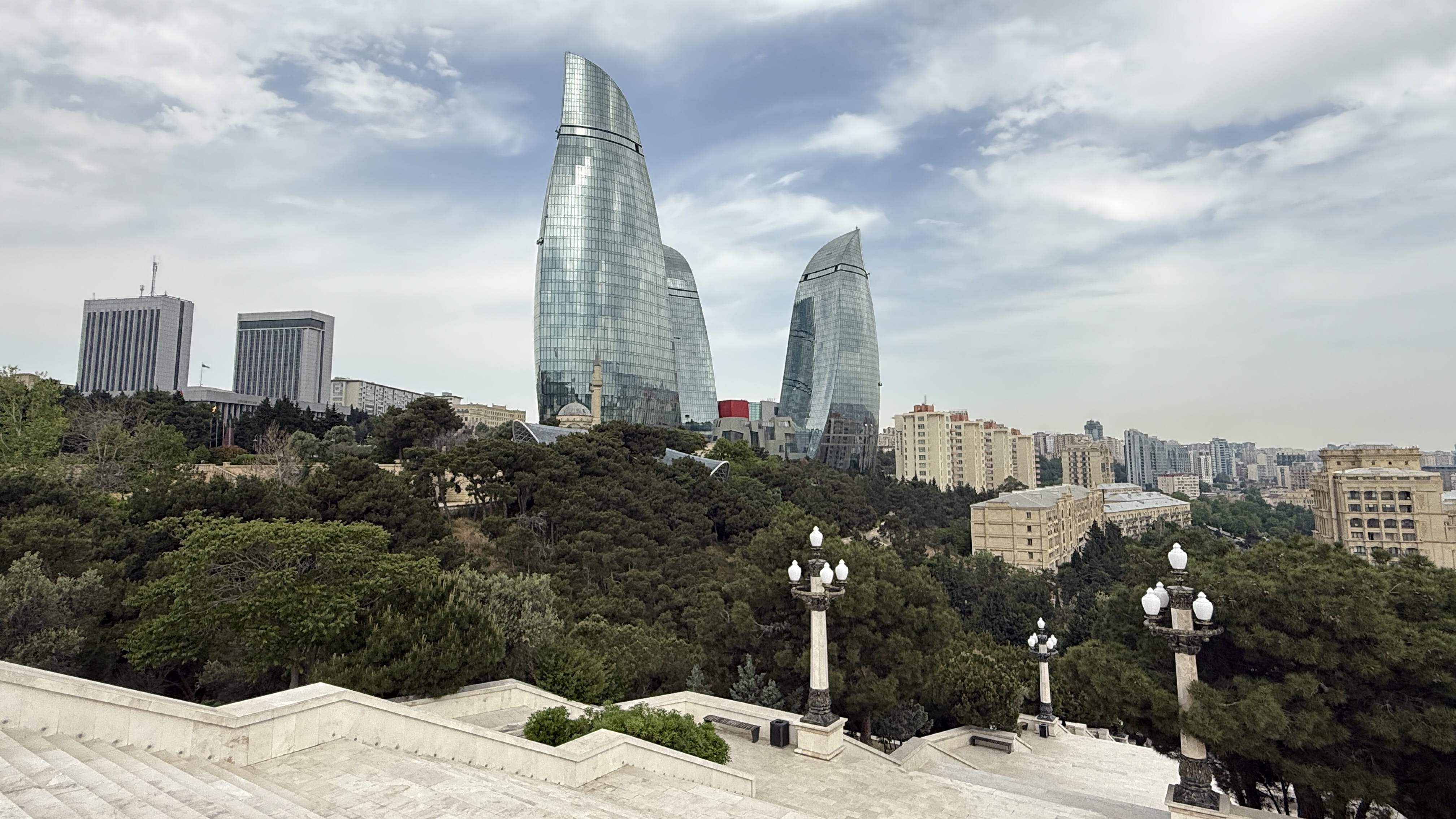 The Flame Towers in Baku, Azerbaijan, three curved glass skyscrapers gleaming in the morning light — 2 Days in Baku architecture.