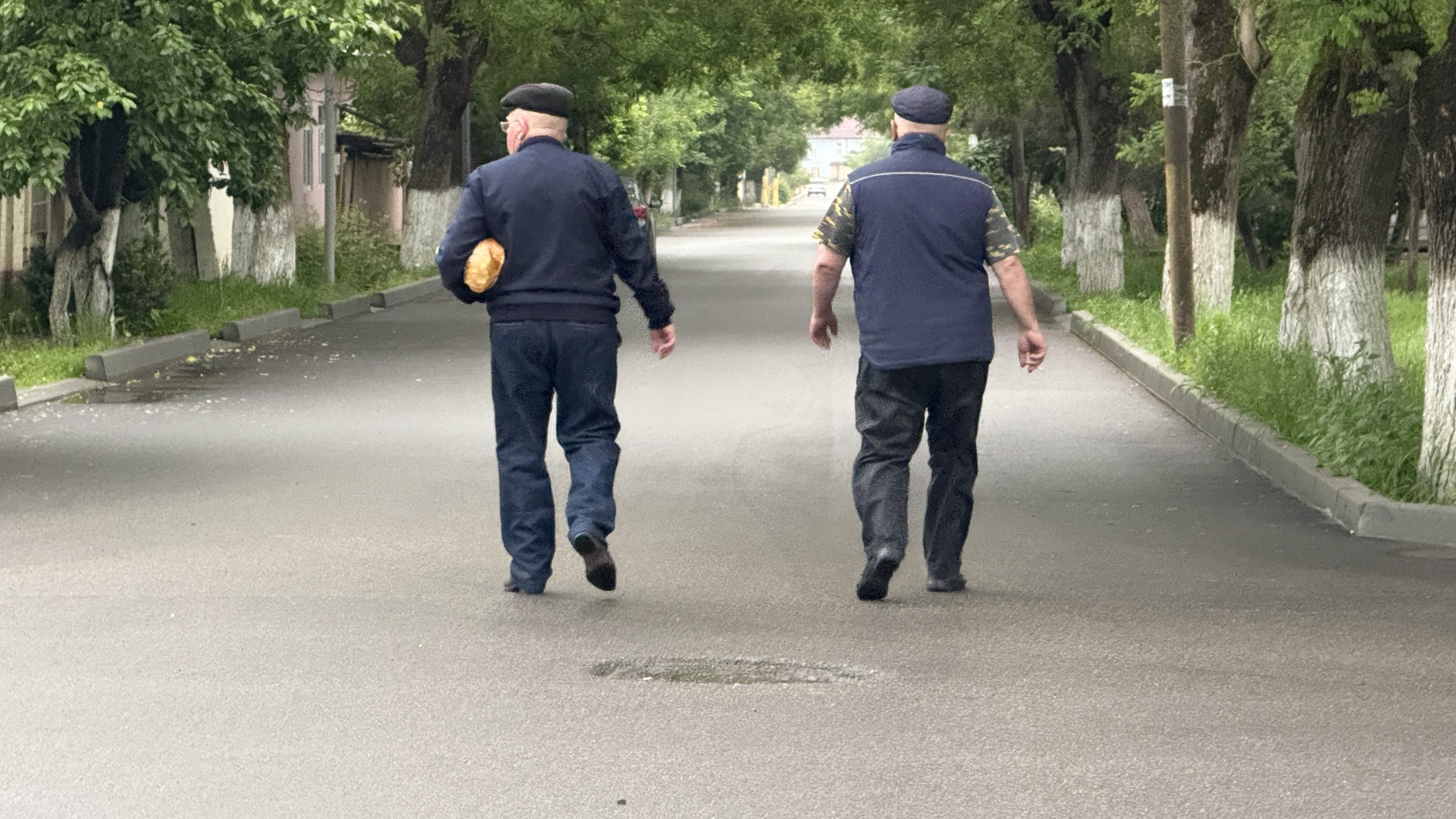 Two older men walking down a quiet tree-lined street in Quba, Azerbaijan, one carrying a fresh loaf of bread under his arm. The road is empty and shaded by tall trees with white-washed trunks.