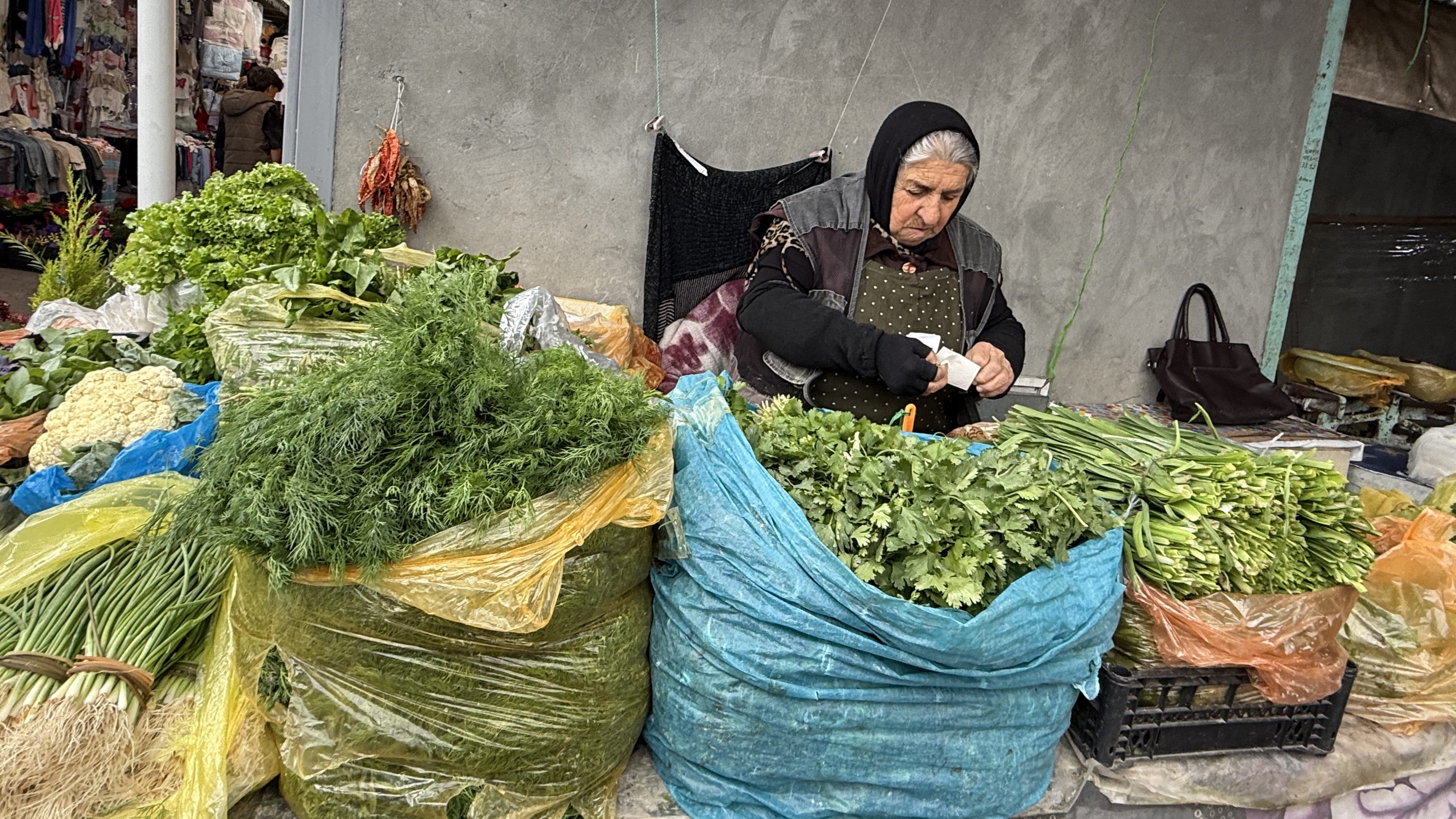 Woman sorting bunches of herbs at the Sheki market during my 7 Days in Azerbaijan.