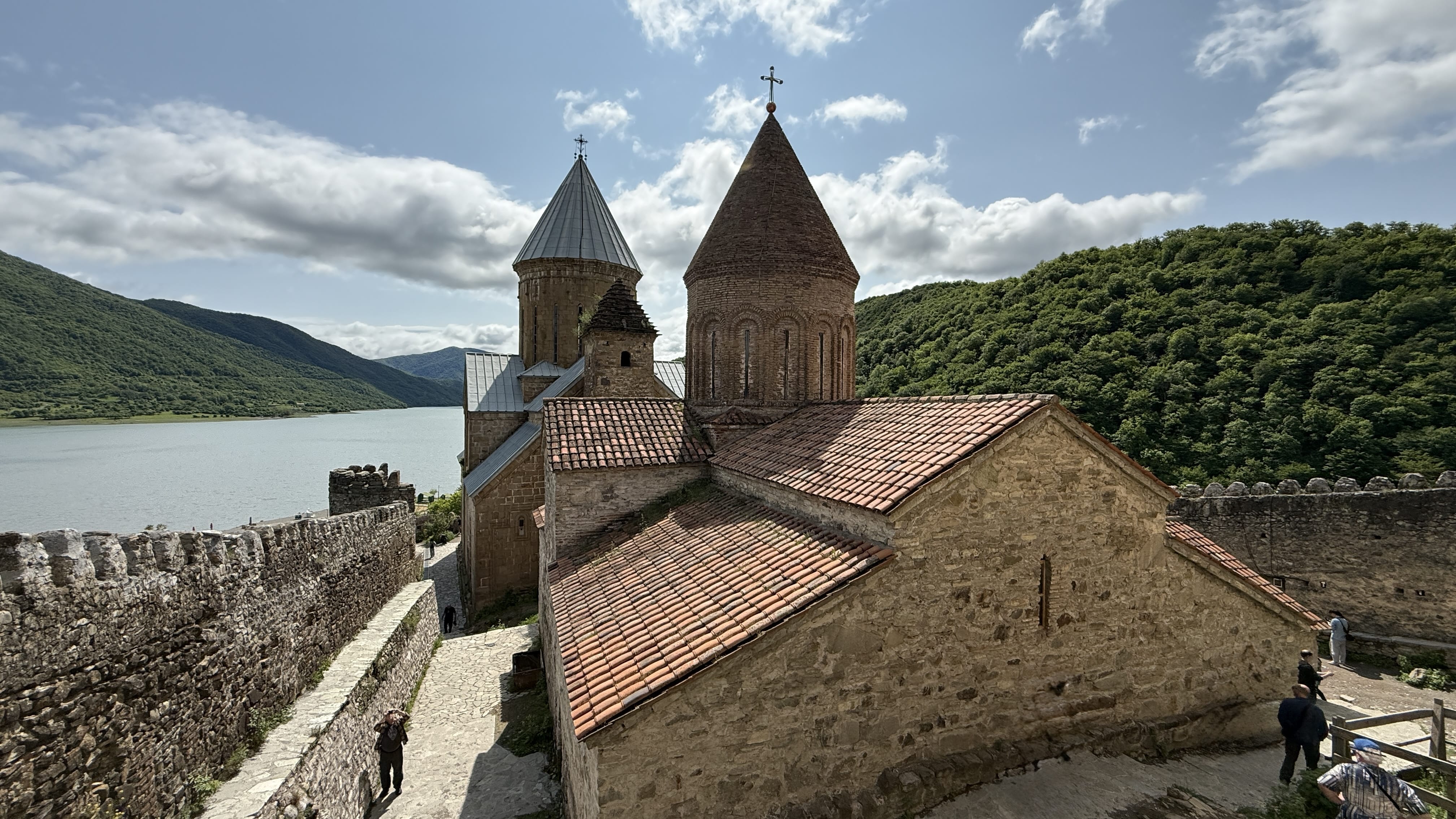 Ananuri Fortress complex with the Church of the Assumption and the smaller Church of the Savior overlooking the Zhinvali Reservoir.