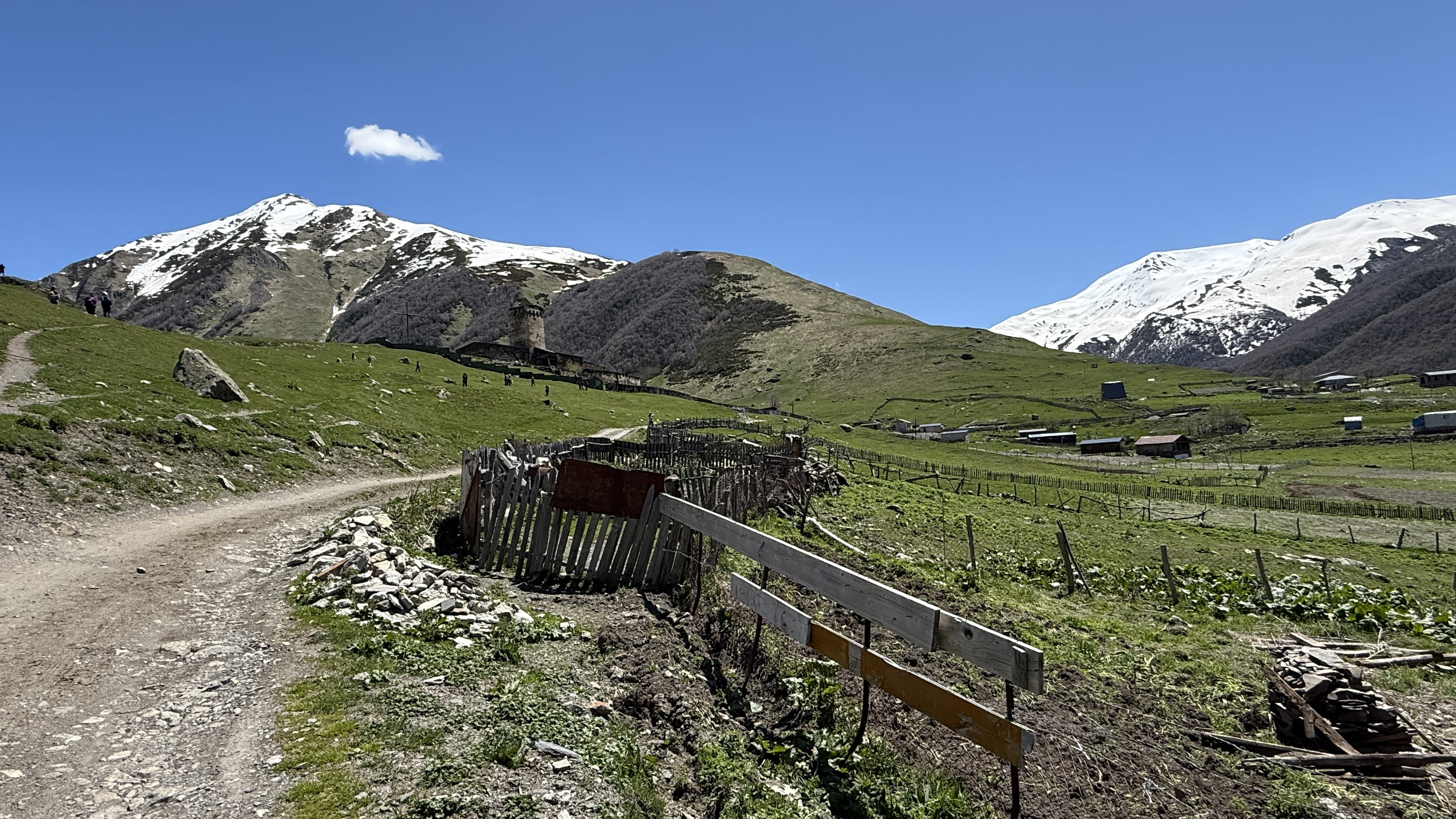 Svaneti, Georgia mountain road with rustic fences and green meadows, backed by snow-capped Caucasus Mountains under a clear blue sky.