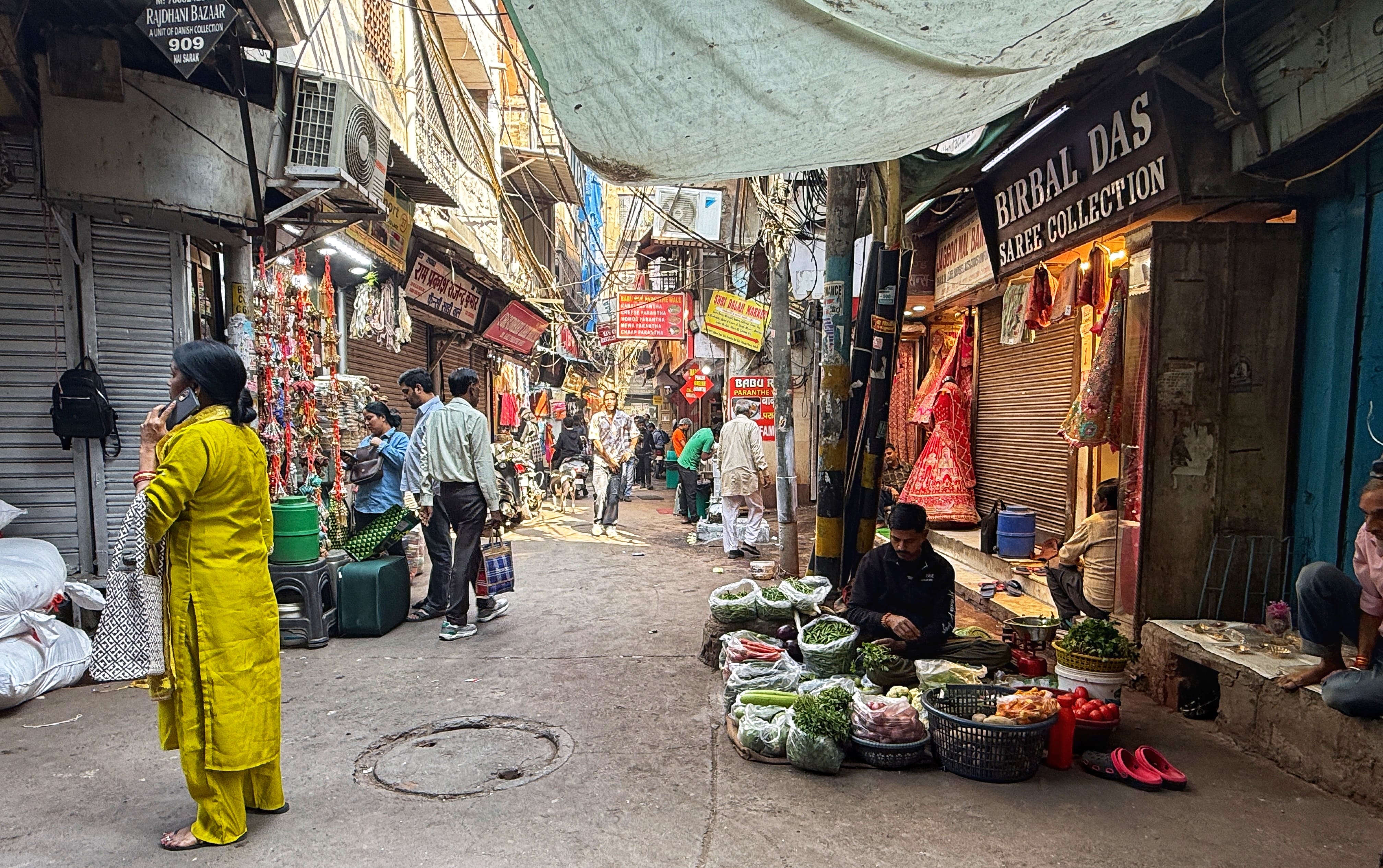 Vegetable stalls and sari shops inside narrow market lanes explored on my 2 Days in Delhi itinerary.