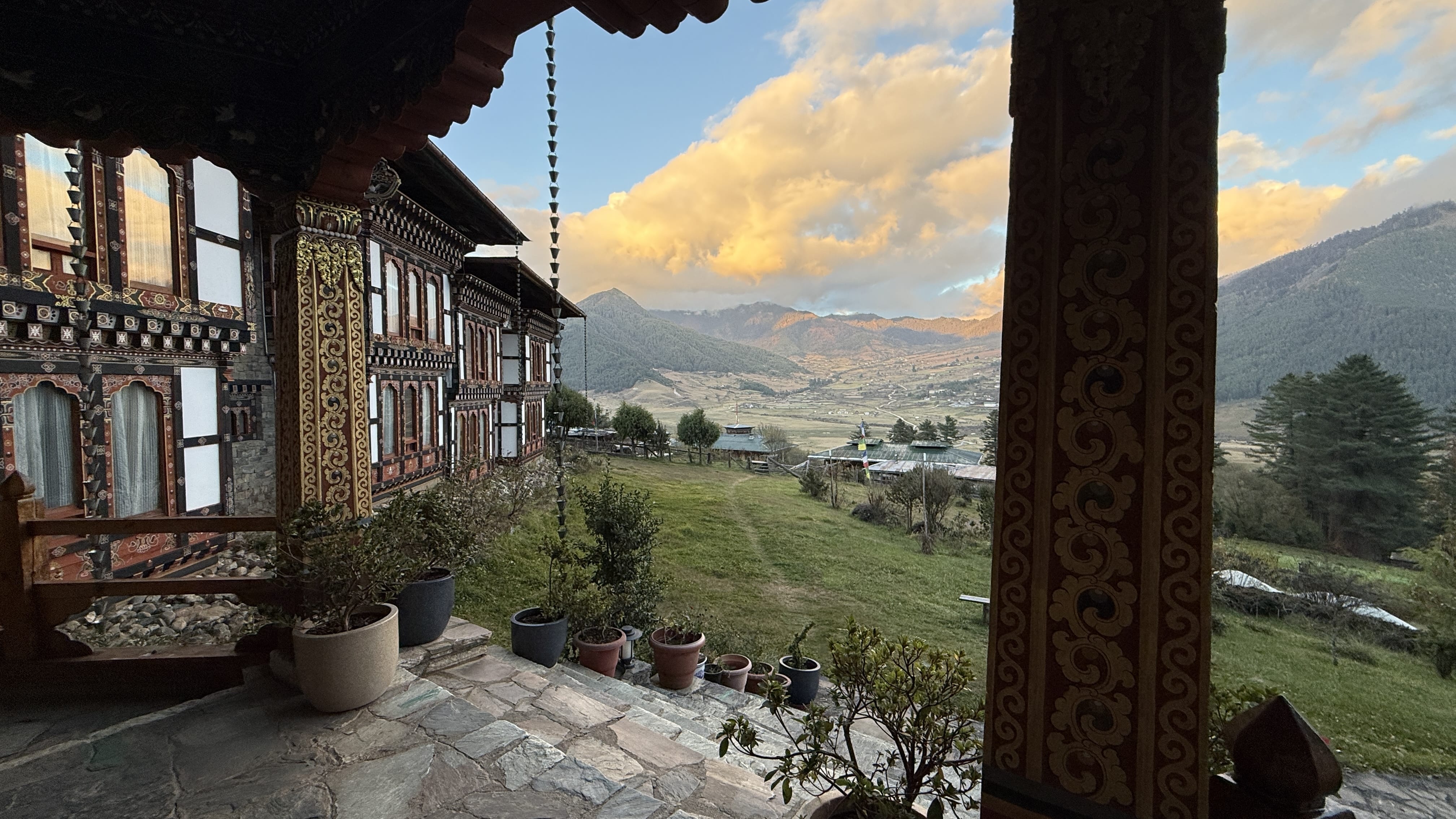 View of Phobjikha Valley from Dewachen Hotel & Spa in Bhutan, where traditional hot stone baths are offered.