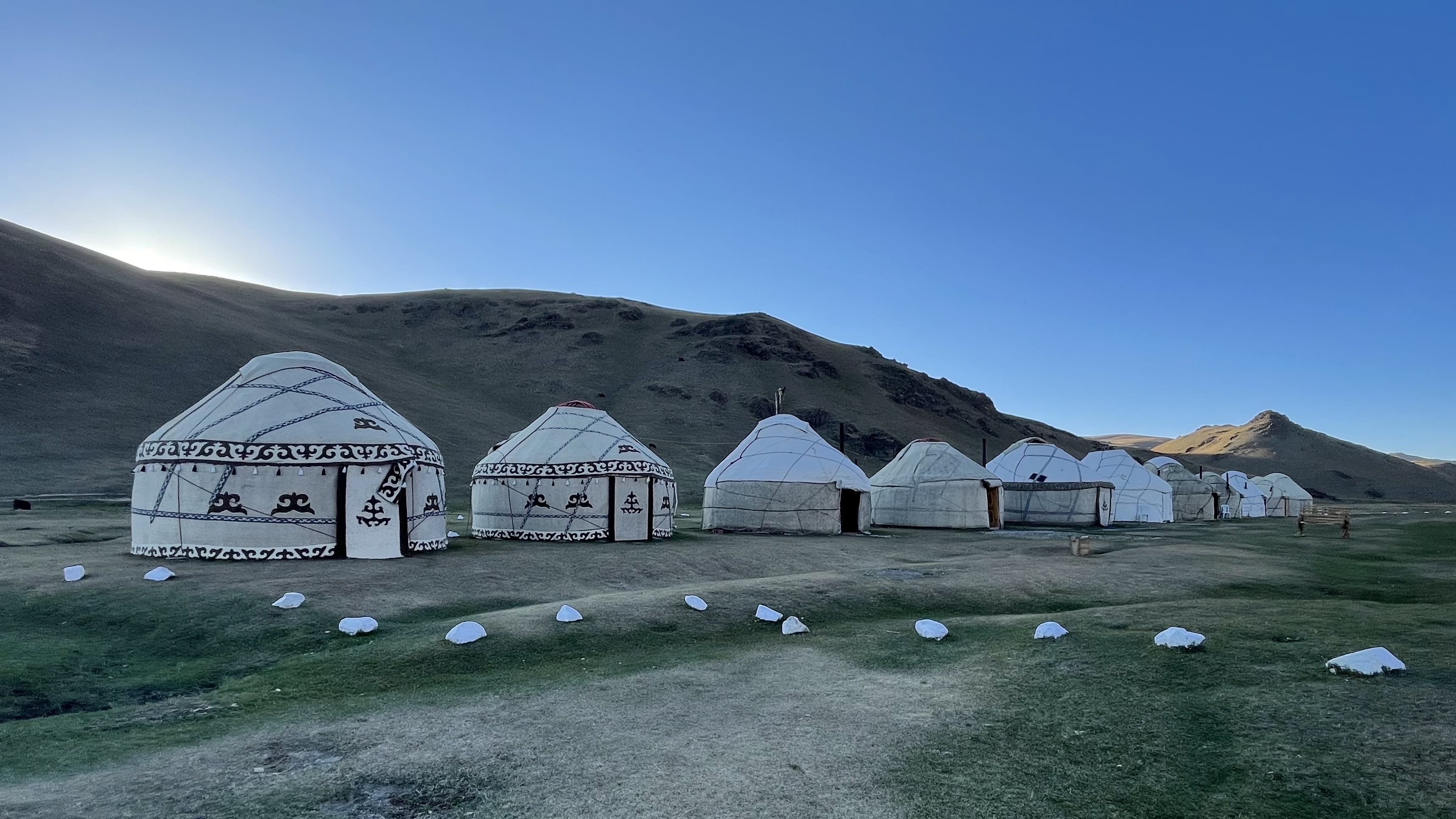 Row of traditional yurts at a Song Kol Lake yurt camp in Kyrgyzstan, set on open alpine pasture surrounded by rolling mountains