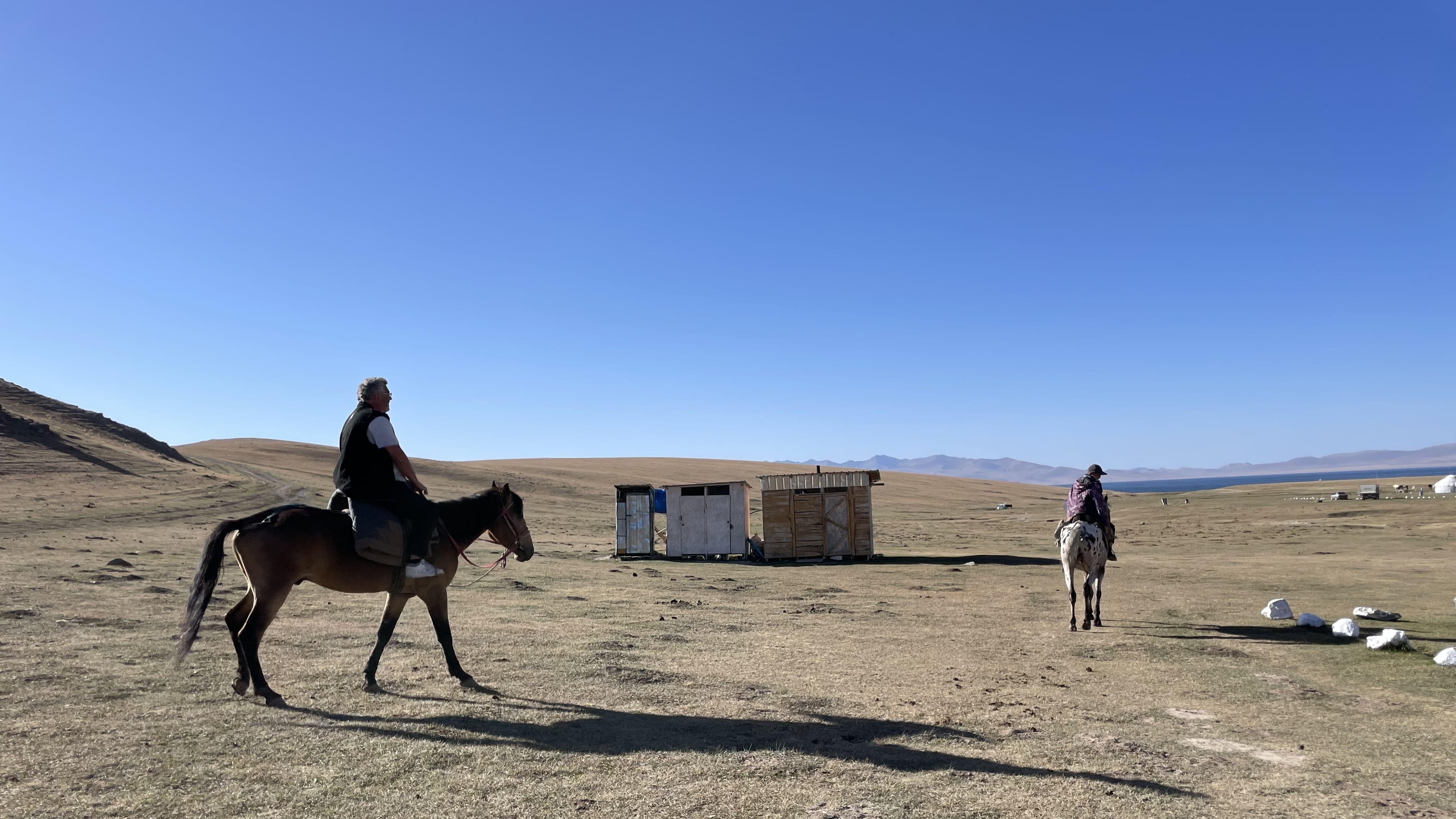 Horseback riders crossing the open grasslands near Song Kol Lake Yurt Camp in Kyrgyzstan, with simple structures and wide alpine scenery in the distance