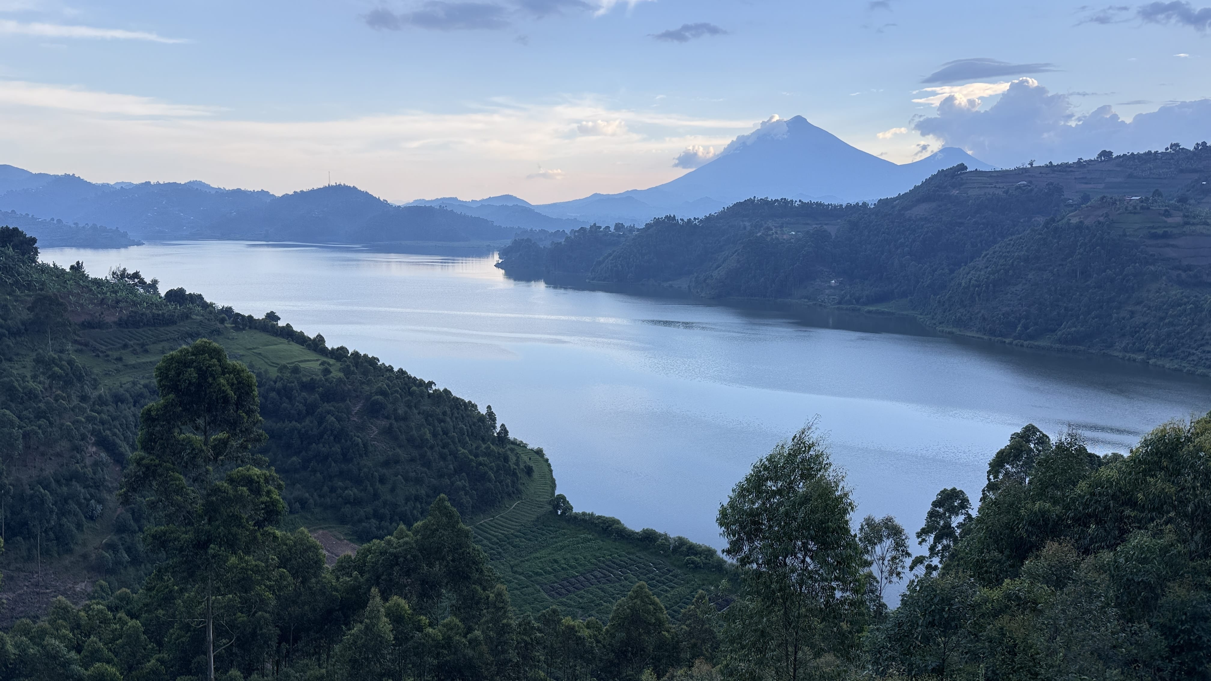 Lake Mutanda with volcanic mountains in the distance in southwestern Uganda