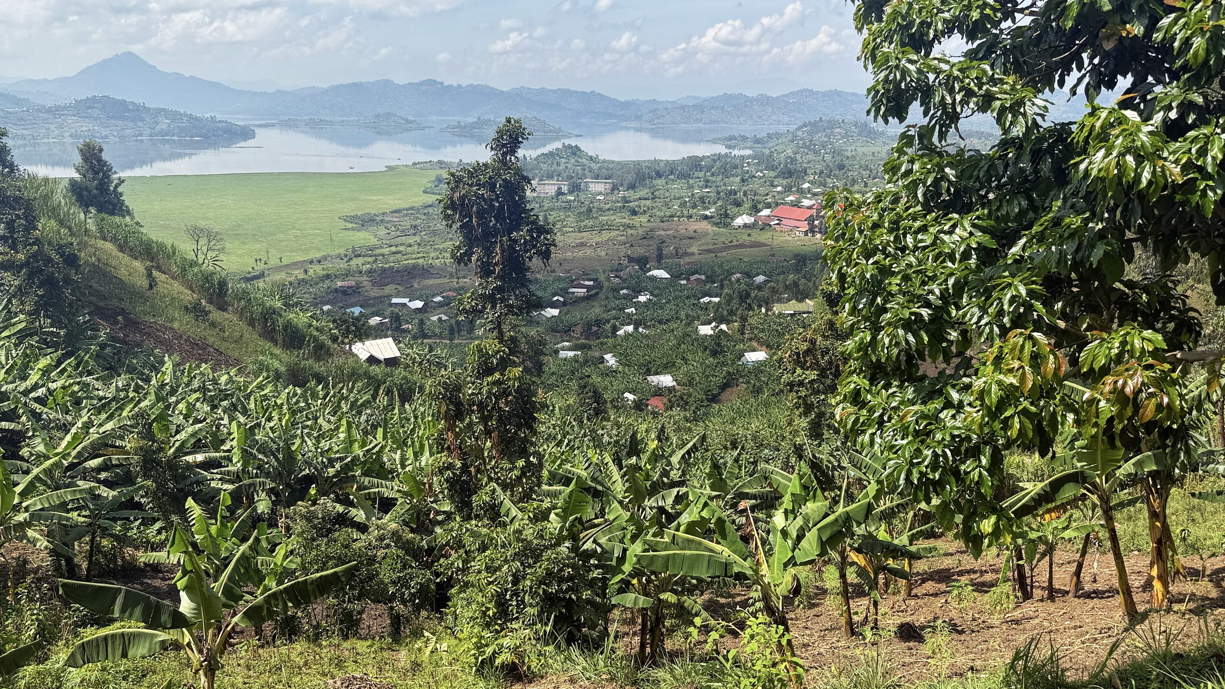 Panoramic view above Lake Burera and Lake Ruhondo in Musanze, Rwanda, with banana trees, terraced hills, and rolling green mountains under a cloud-filled sky.