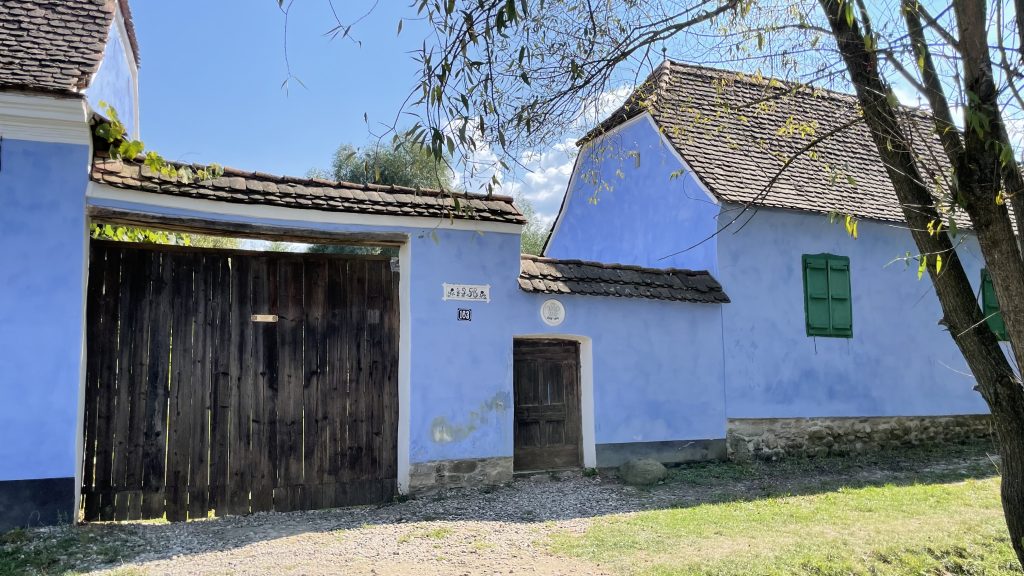 Traditional blue-painted Saxon house owned by King Charles III in the village of Viscri, Transylvania, Romania.