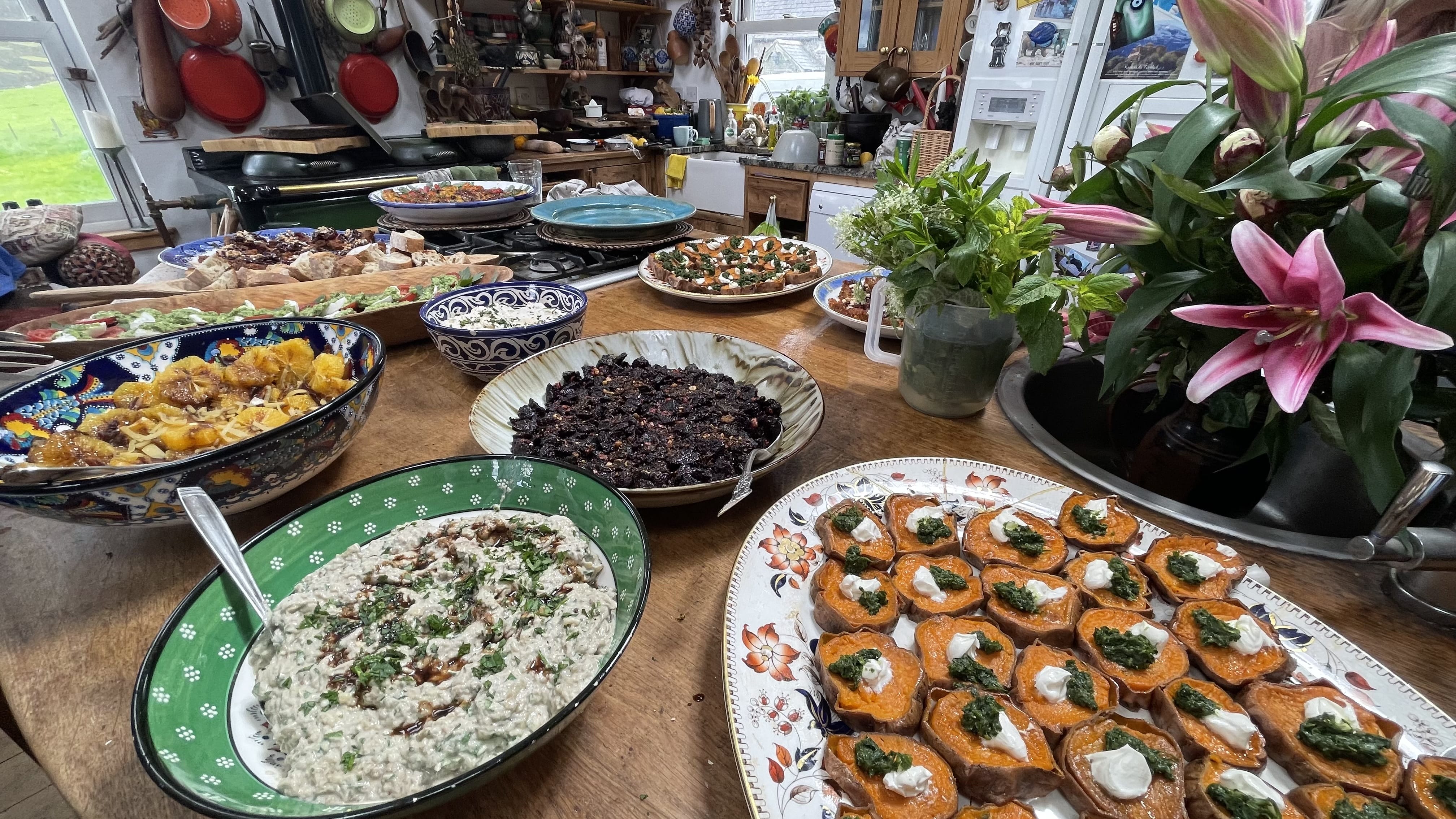 vegetarian dishes prepared during cooking class with Ghillie Basan in Scottish Highlands kitchen Ballindalloch