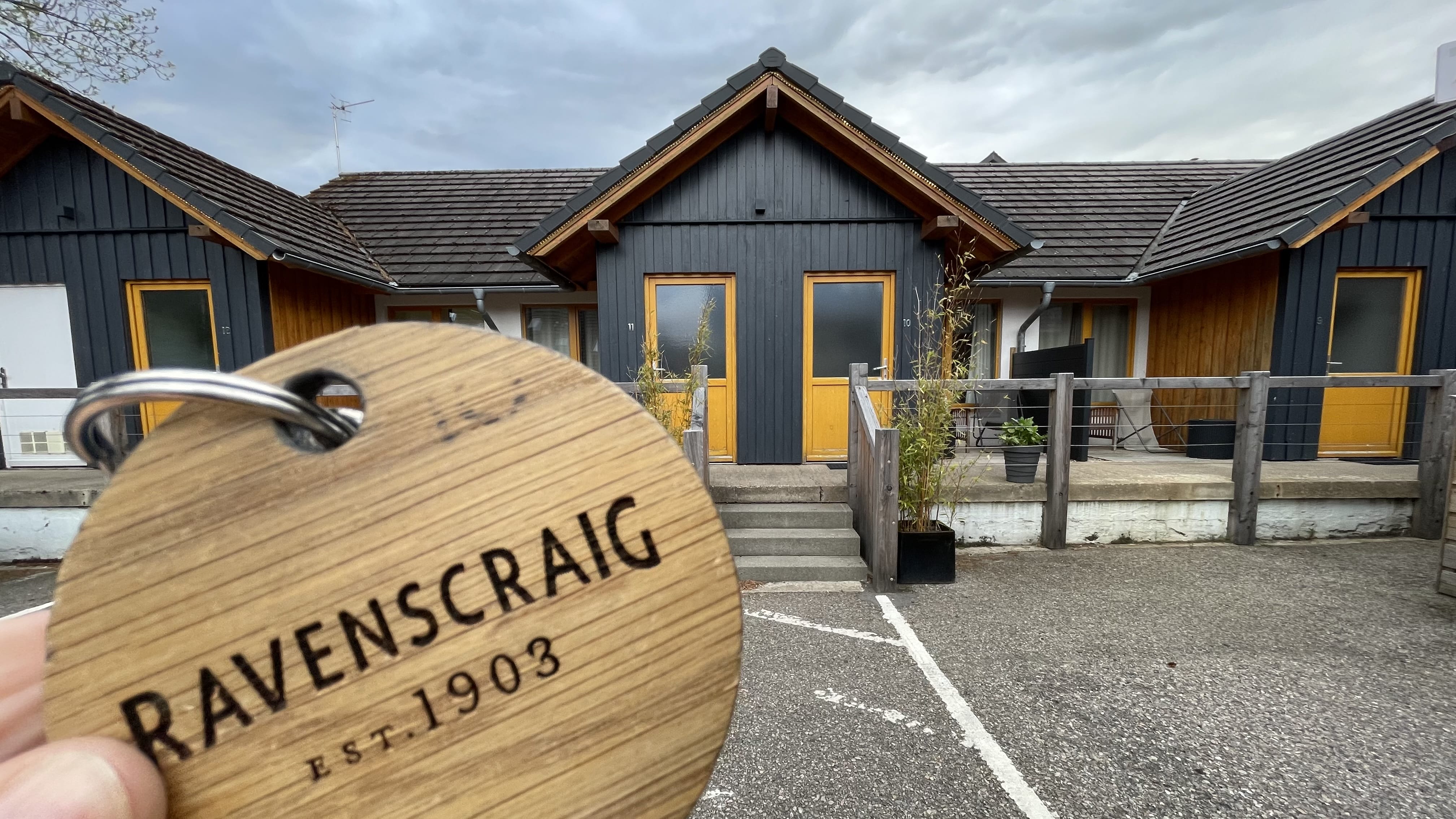 Ravenscraig Guest House in Aviemore Scotland exterior with wooden key tag, Cairngorms National Park trip day one