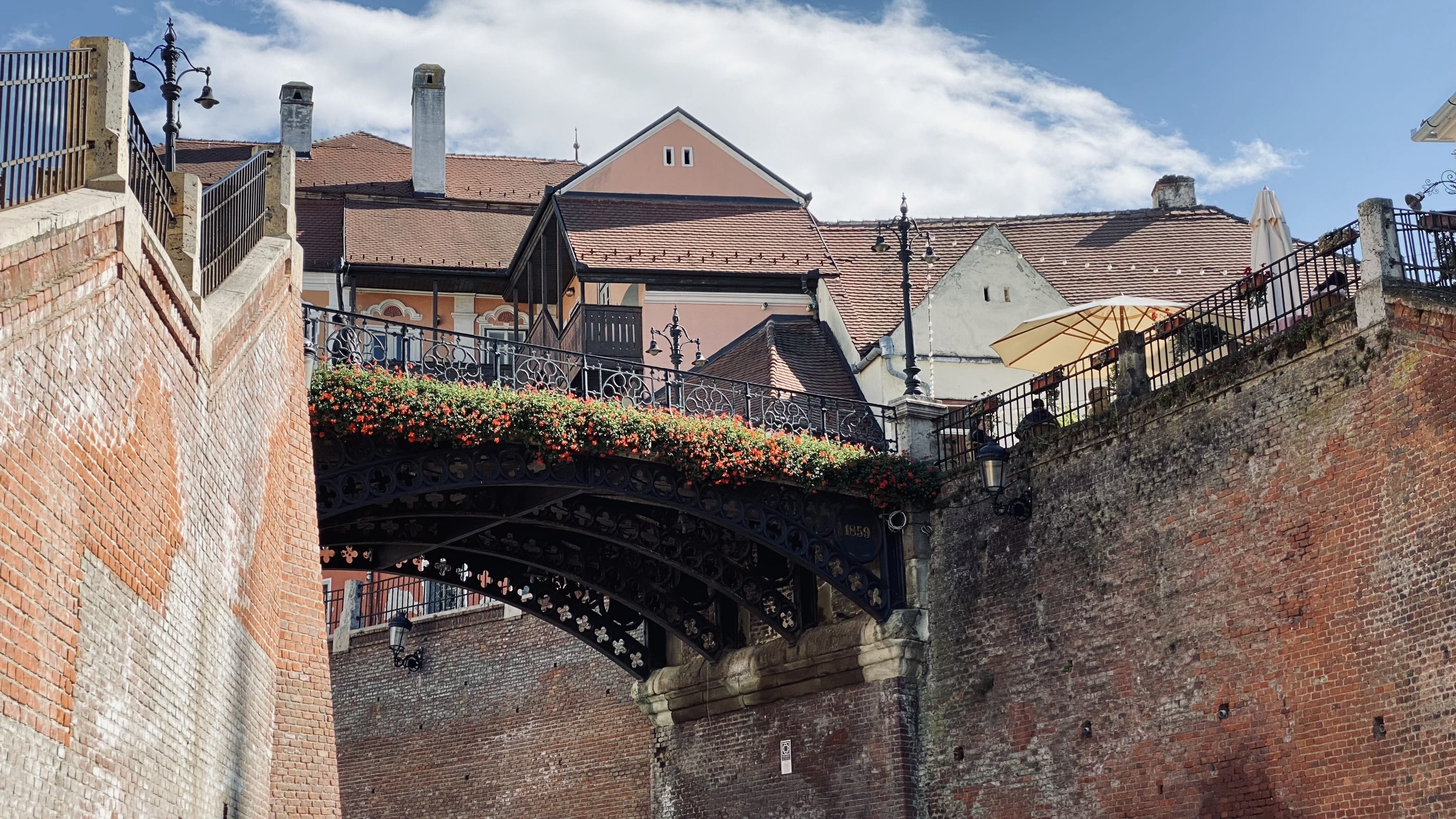 The Bridge of Lies decorated with flowers in Sibiu, Romania.