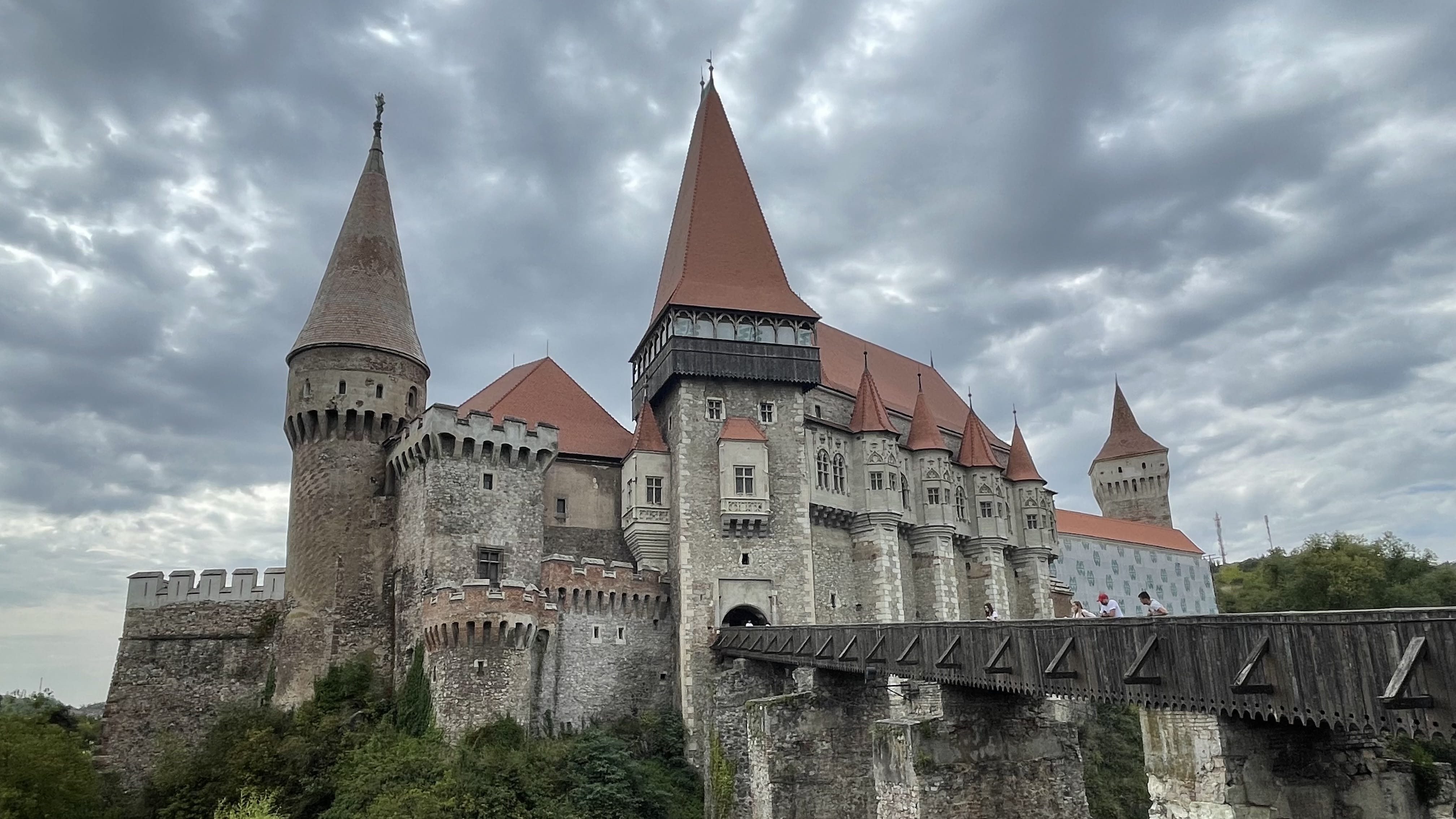 Corvin Castle in Hunedoara, Romania, viewed from across the wooden bridge.
