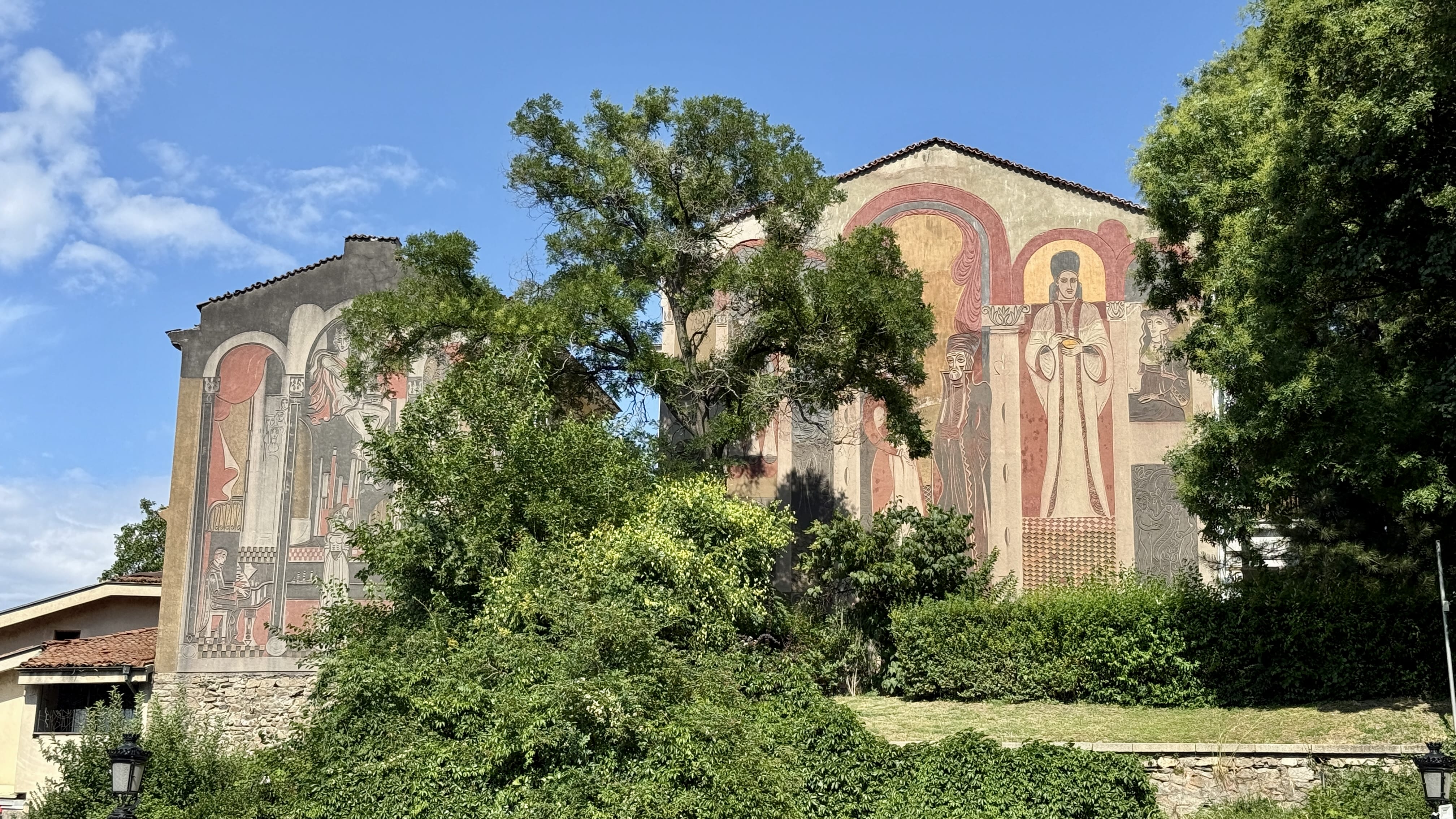 Large sgraffito mural covering the side of a building in Plovdiv’s Old Town, Bulgaria
