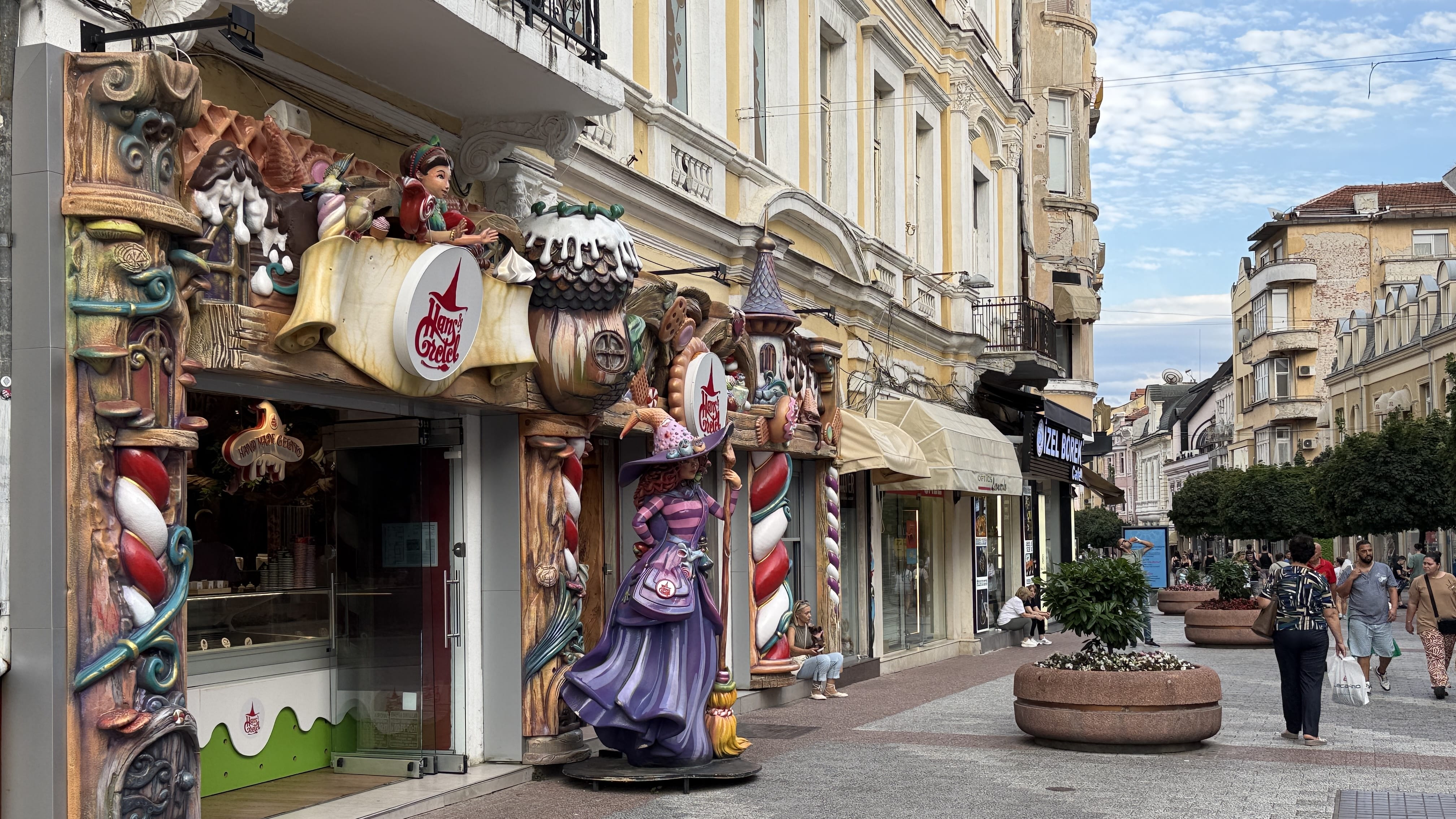Colorful fairy-tale facade of the Hansel and Gretel sweets shop in central Plovdiv, Bulgaria